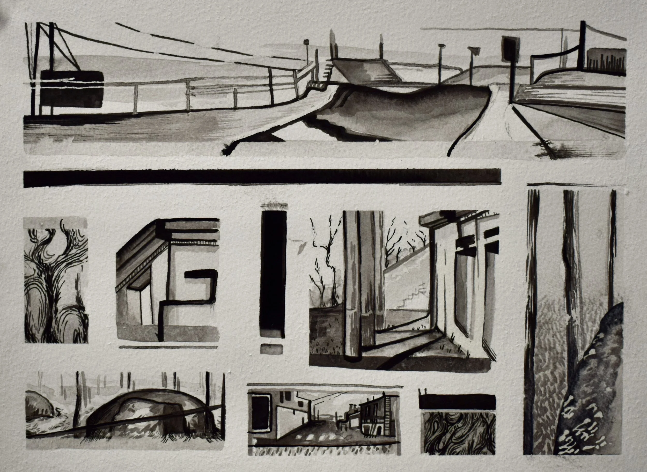Collection of black and white watercolor sketches of various landscapes and architectural scenes, including a bridge, a hallway with columns, a tunnel, and a forest path.