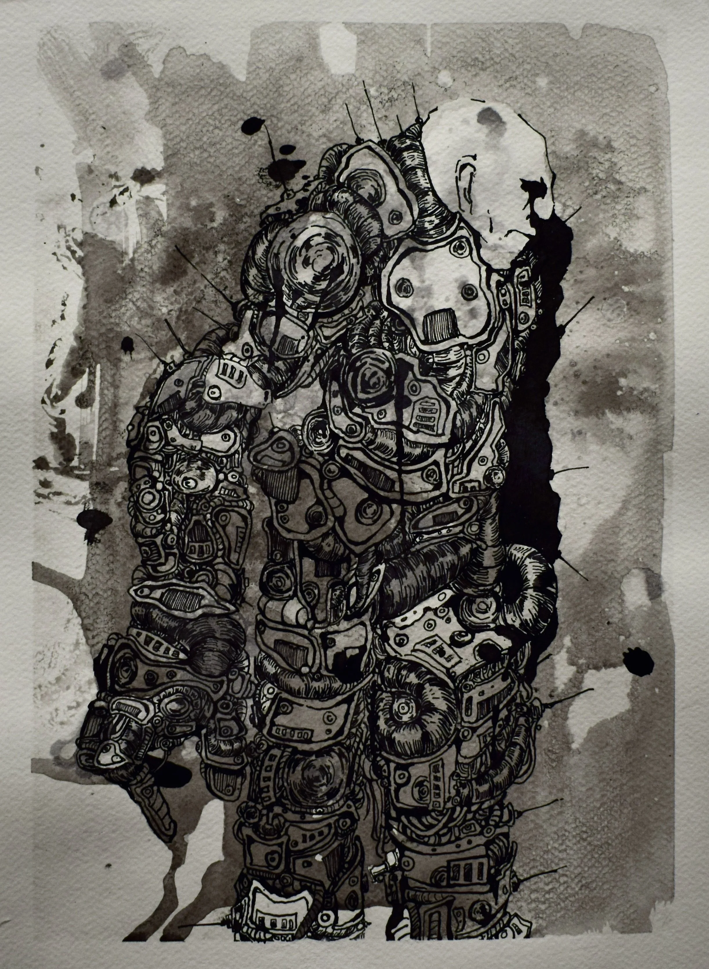 A black and white ink drawing of a heavily armored person resembling a robot or astronaut, with detailed circuitry and mechanical elements, standing against a textured background.