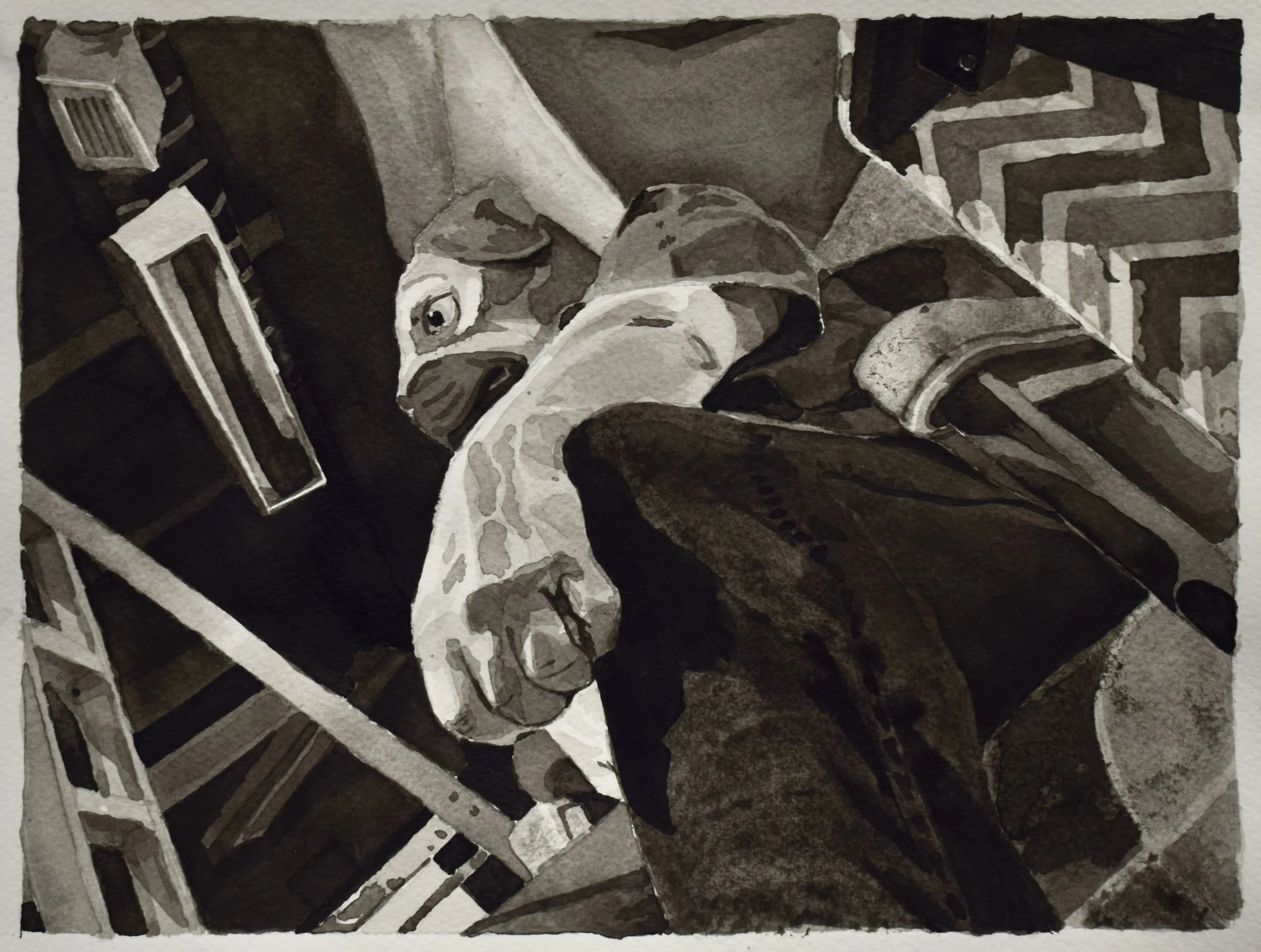 A person drinking from a mug while sitting at a desk with a computer and books, in grayscale watercolor style.