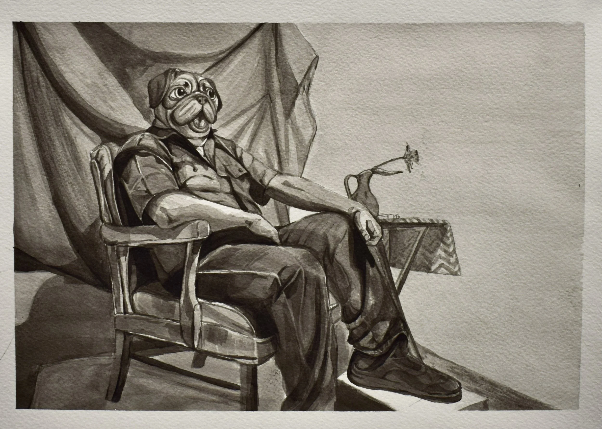 A dog with a human body sitting in a chair, wearing a military shirt, with a table holding a vase with a flower and some objects behind. The image appears to be a charcoal or pencil drawing.