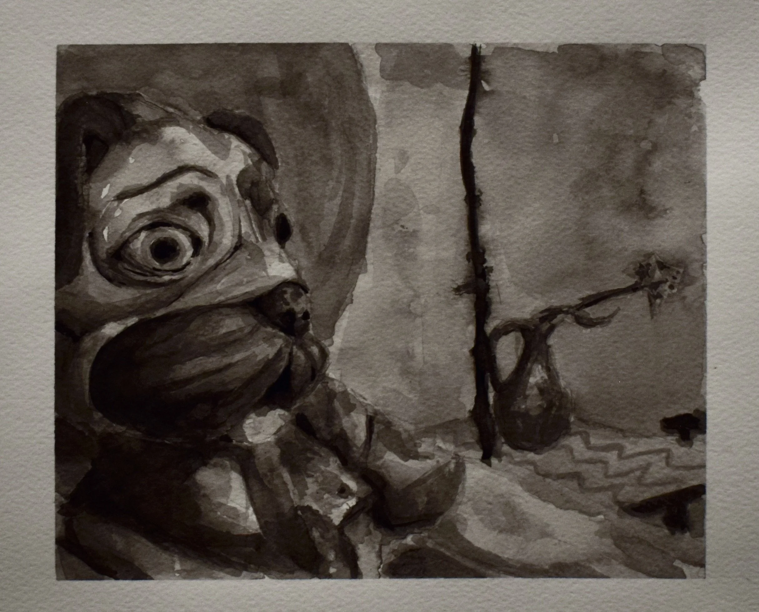 A grayscale watercolor painting of a woman with curly hair and expressive eyes, sitting at a table with a vase of flowers in the background.