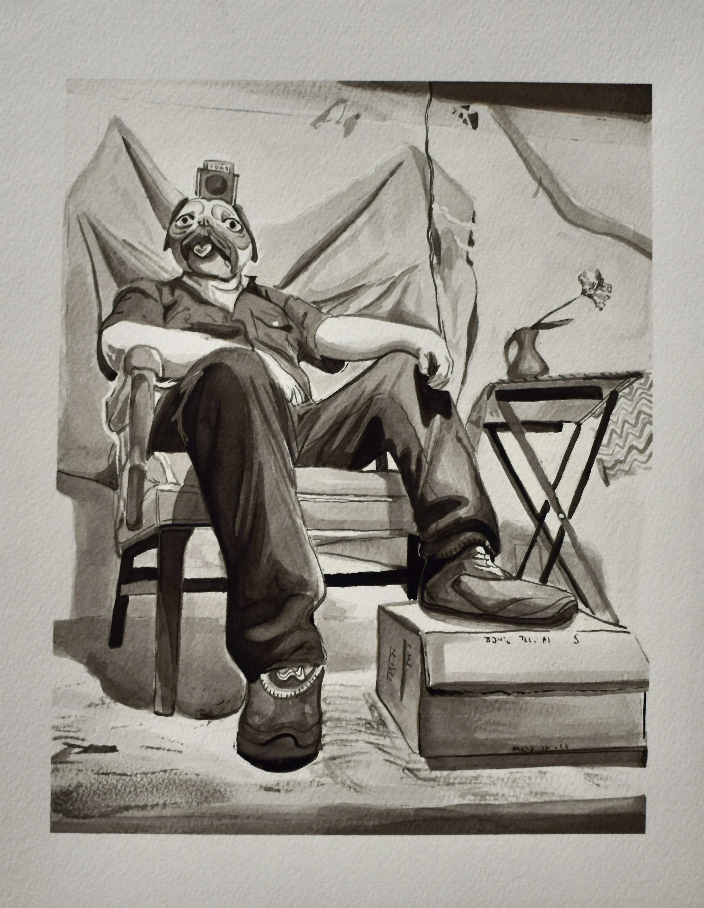 A black and white illustration of a person with a pug dog's face, sitting casually on a chair with one leg crossed over the other. The person is wearing a jacket and boots, with a camera on their head. There is a small table with a vase holding a flo