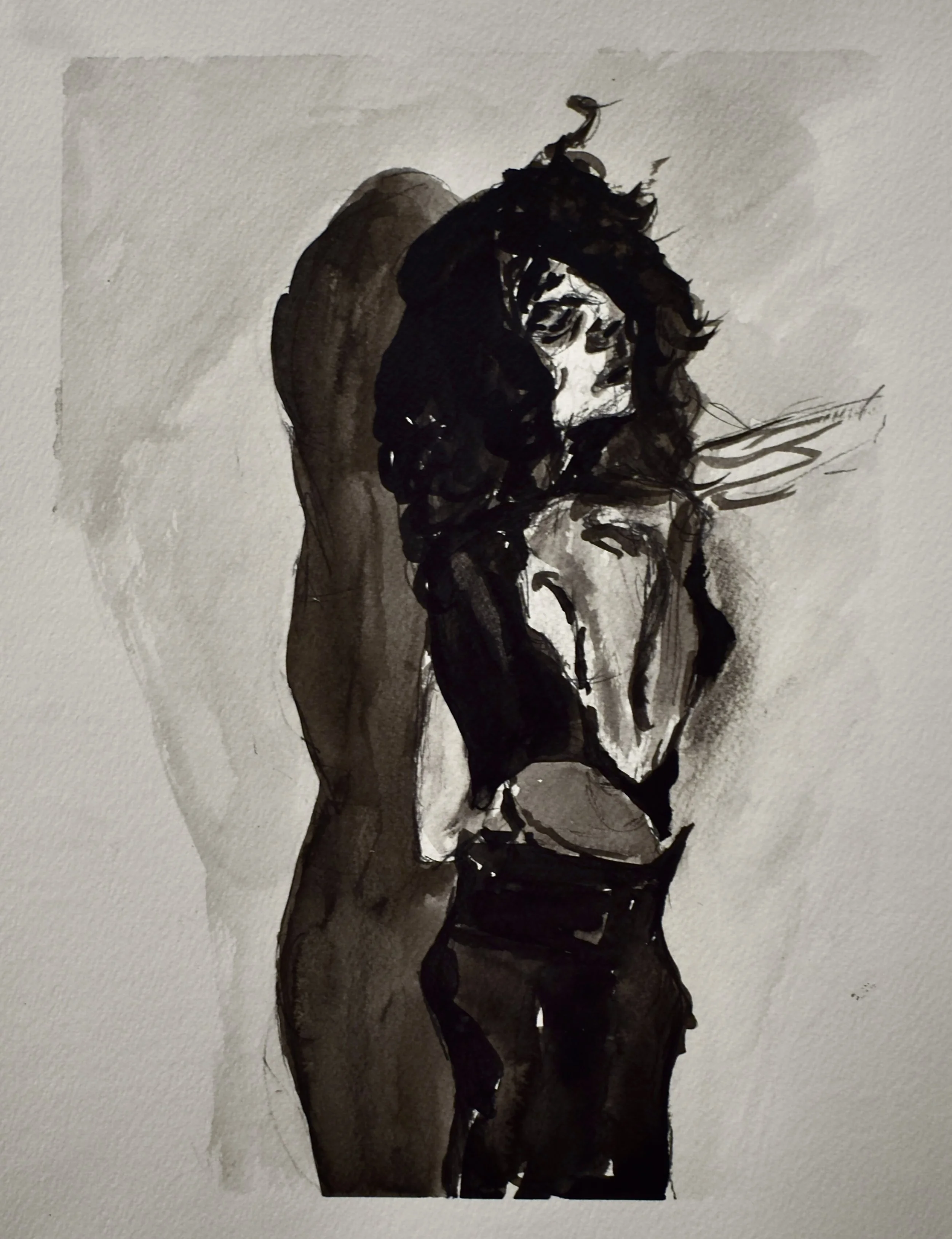Black and white watercolor painting of a woman with curly hair, glasses, and wearing a sleeveless top, with a shadow cast on the wall behind her.