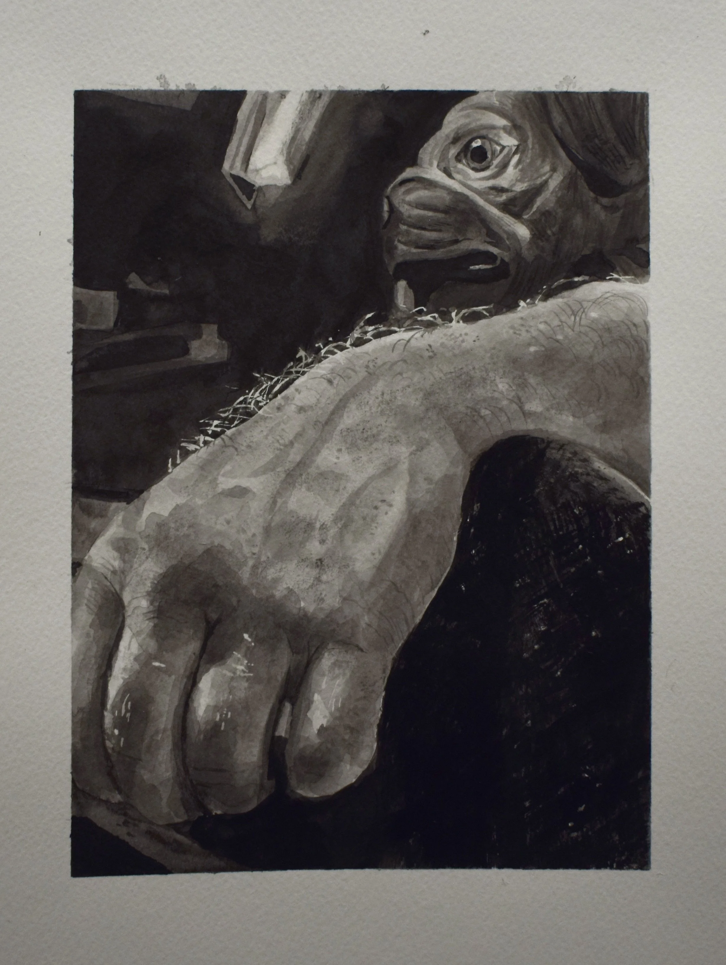 Black and white painting of a chimpanzee holding a banana.