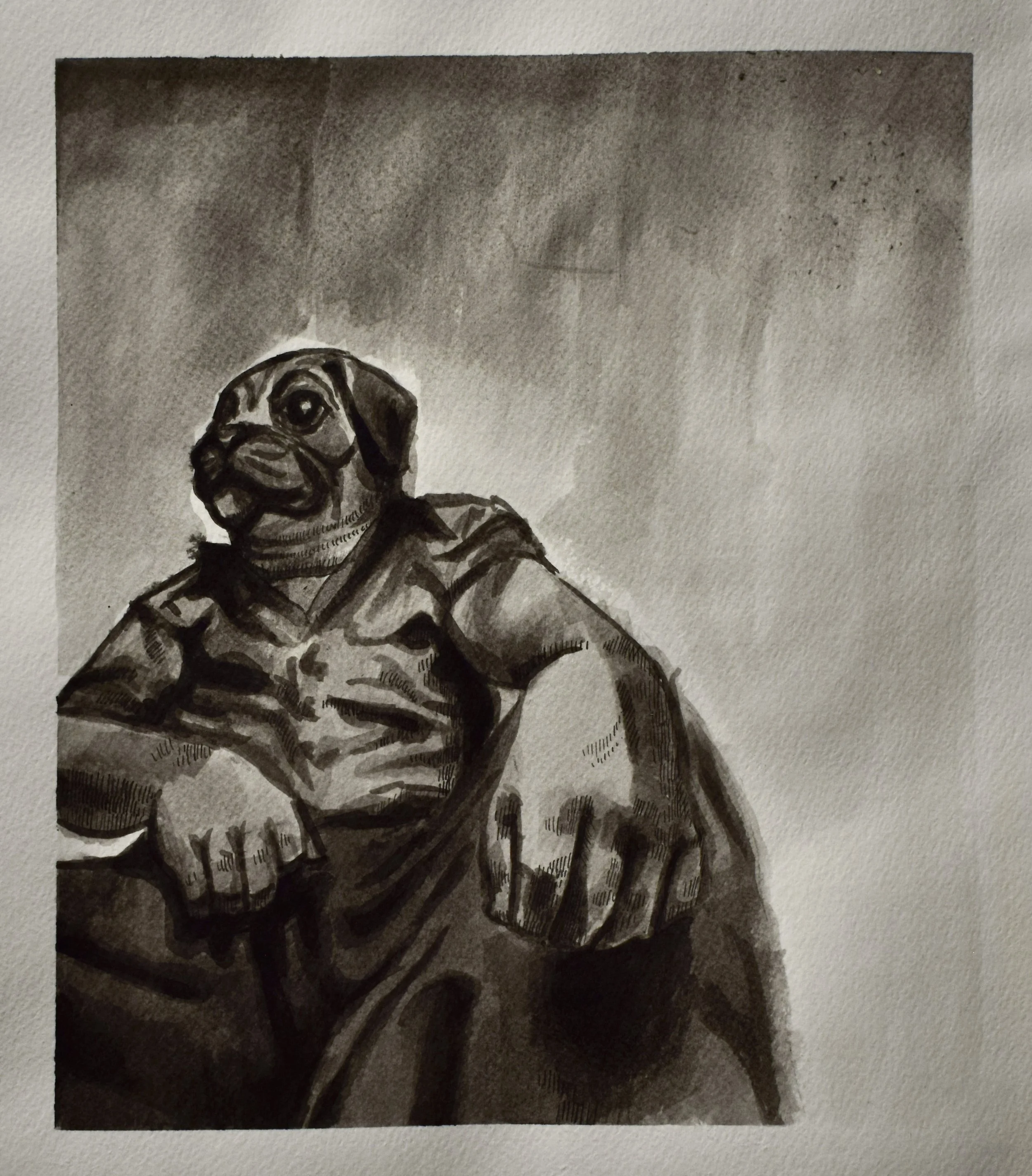 A black and white drawing of a dog with a human body, sitting with one arm on its knee and the other on its waist, wearing a shirt.