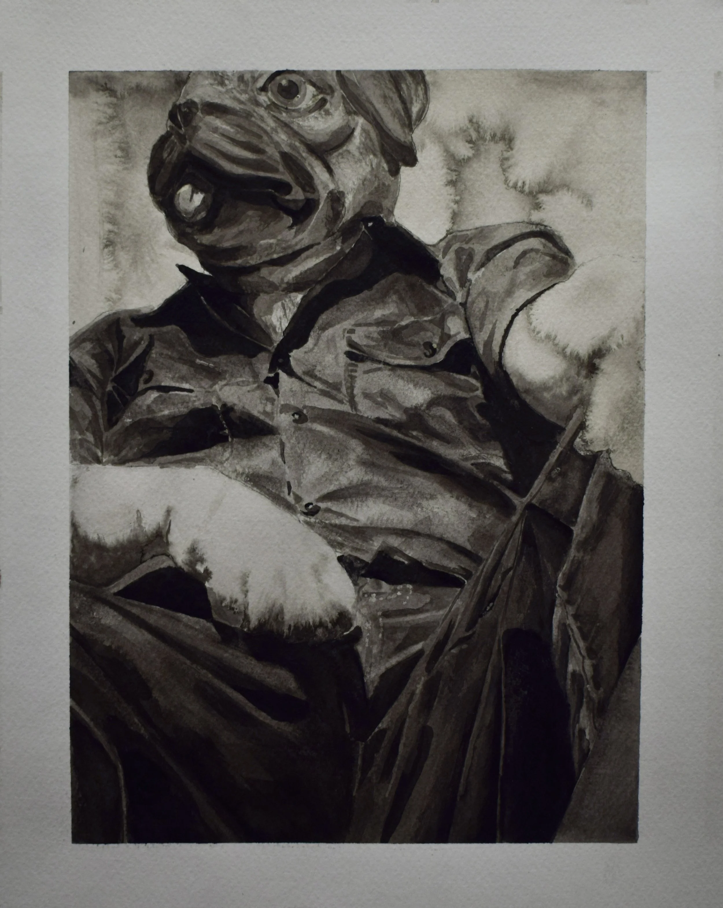 Black and white portrait of a dog wearing glasses and a shirt, sitting with one arm resting on its leg.