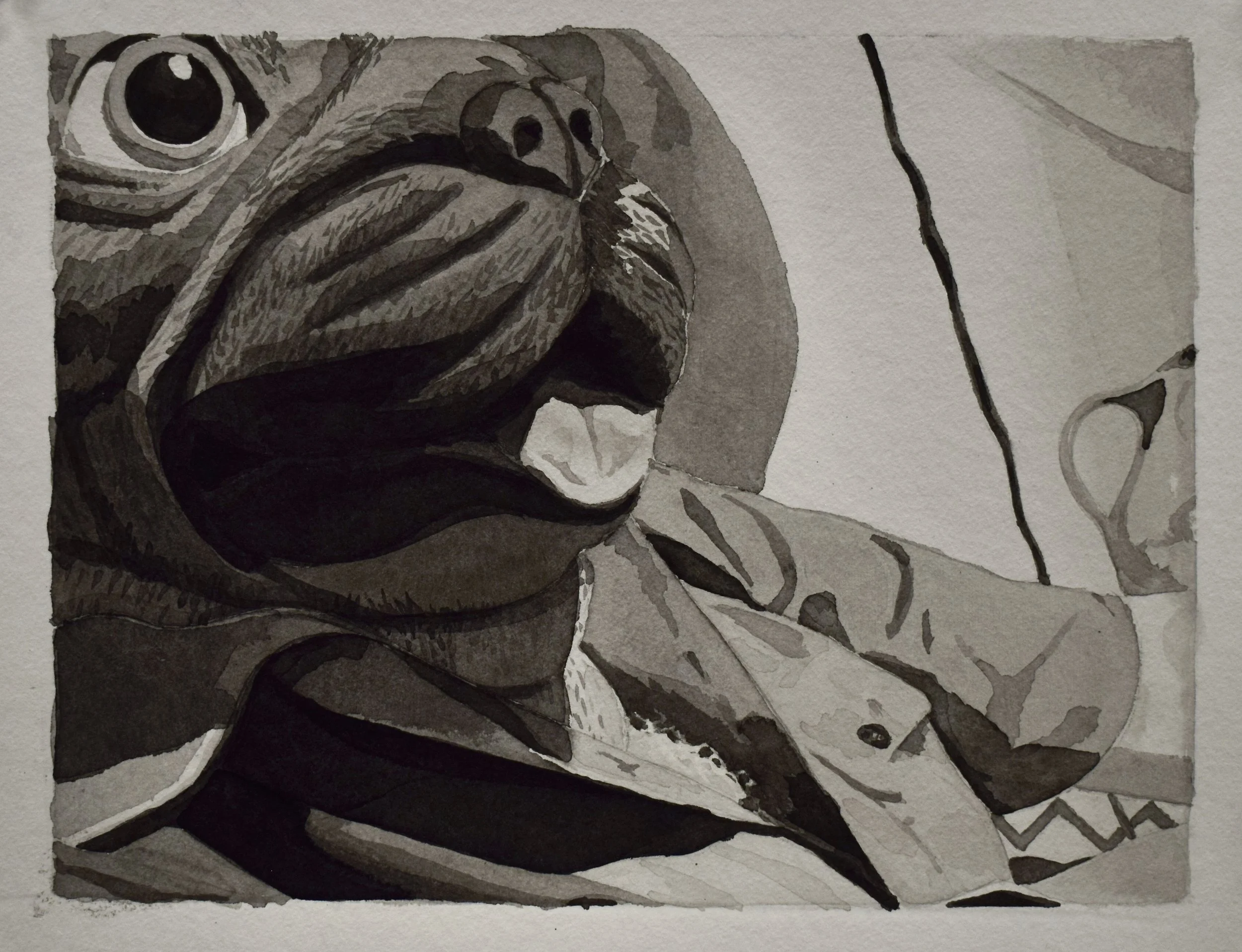 Black and white portrait of a dog with its mouth open, wearing a scarf, in a stylized artistic style.