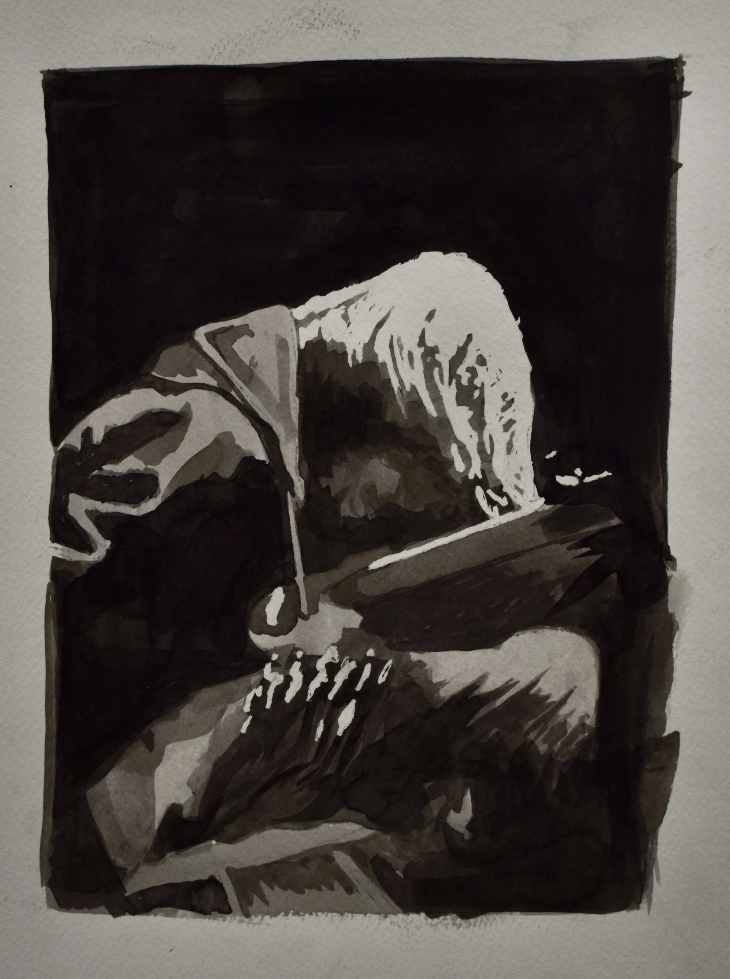 A monochrome painting of a person sitting and writing or drawing in a notebook, with their head bowed and hair covering their face.