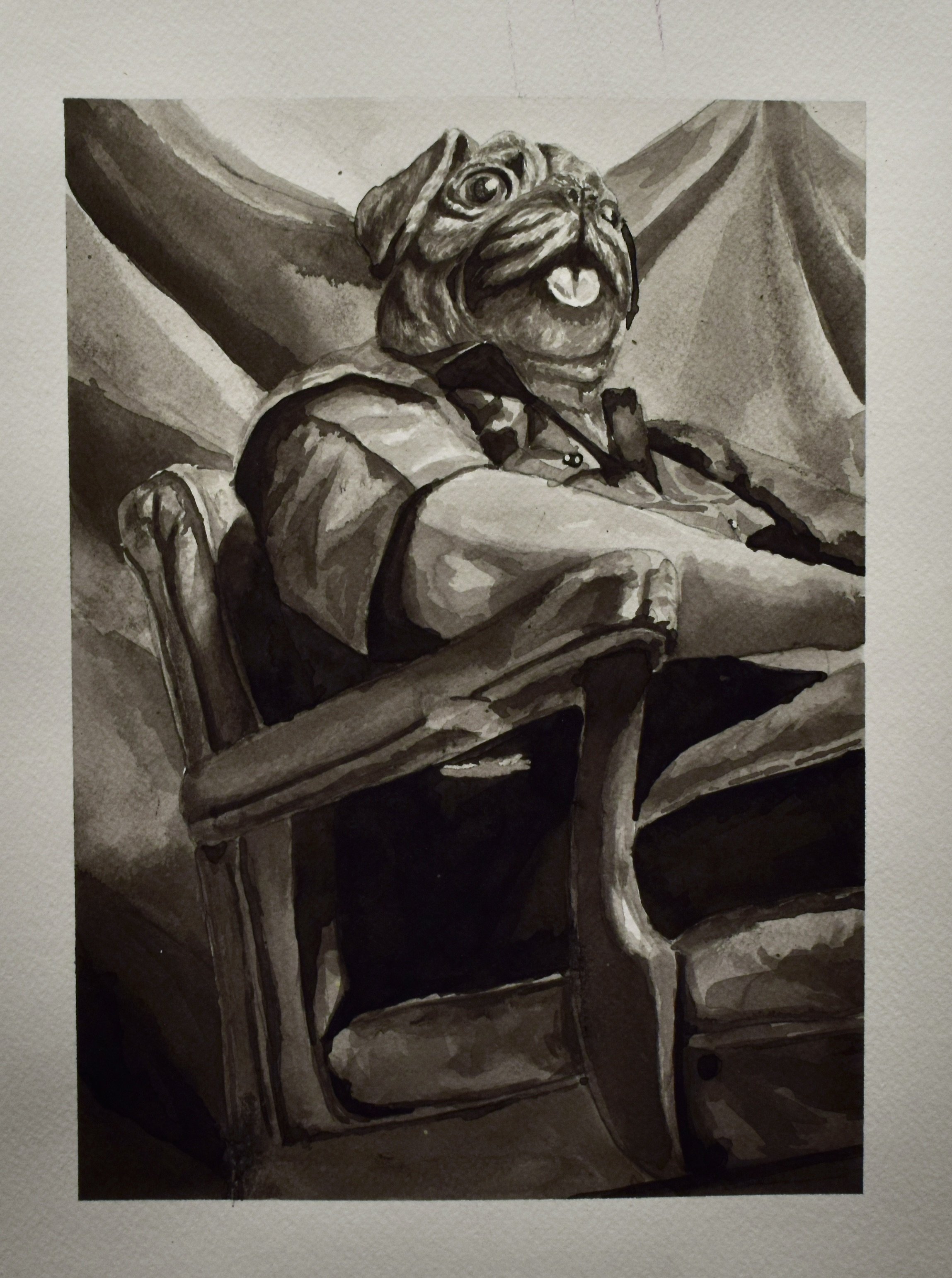 Black and white painting of a bulldog with a human body, sitting in a chair and wearing a shirt.