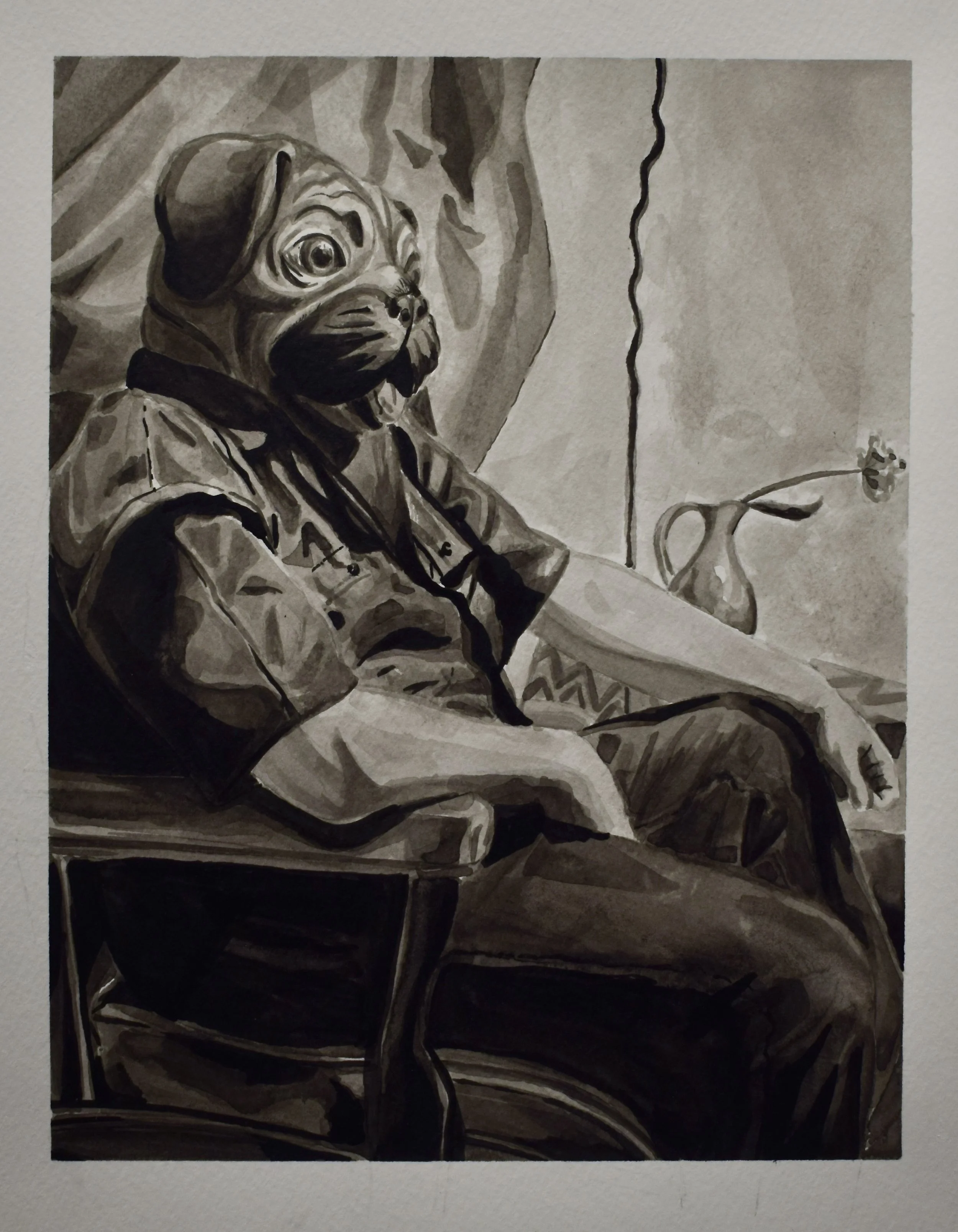 A painting of a dog with a human body sitting on a chair, wearing a shirt and tie, in a room with a vase on a table in the background.