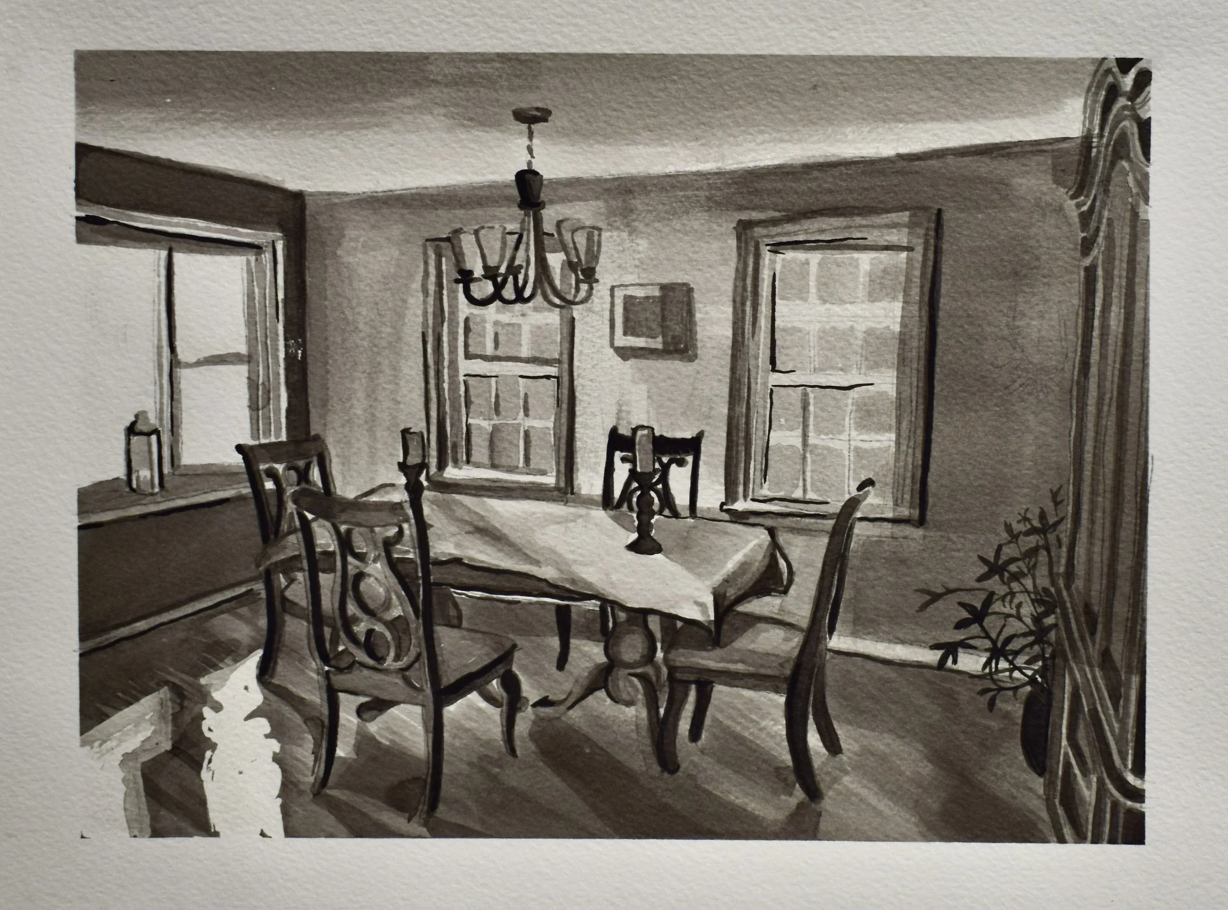 A black and white photo of a dining room with a rectangular table, six chairs, windows on two walls, a chandelier hanging from the ceiling, and a potted plant in the corner.