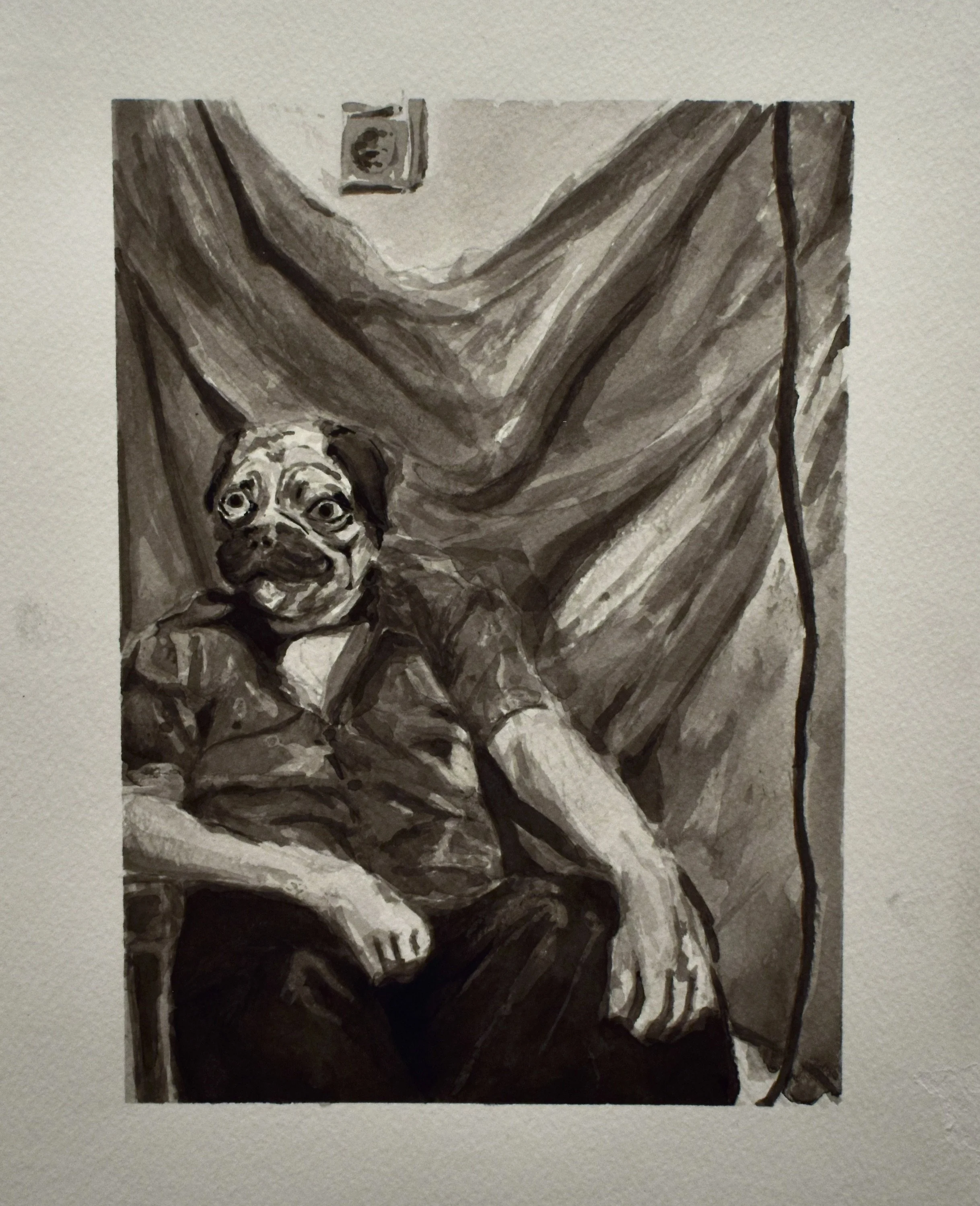 Painting of a dog with a pug face, sitting on a chair, with a curtain behind and a framed picture above.