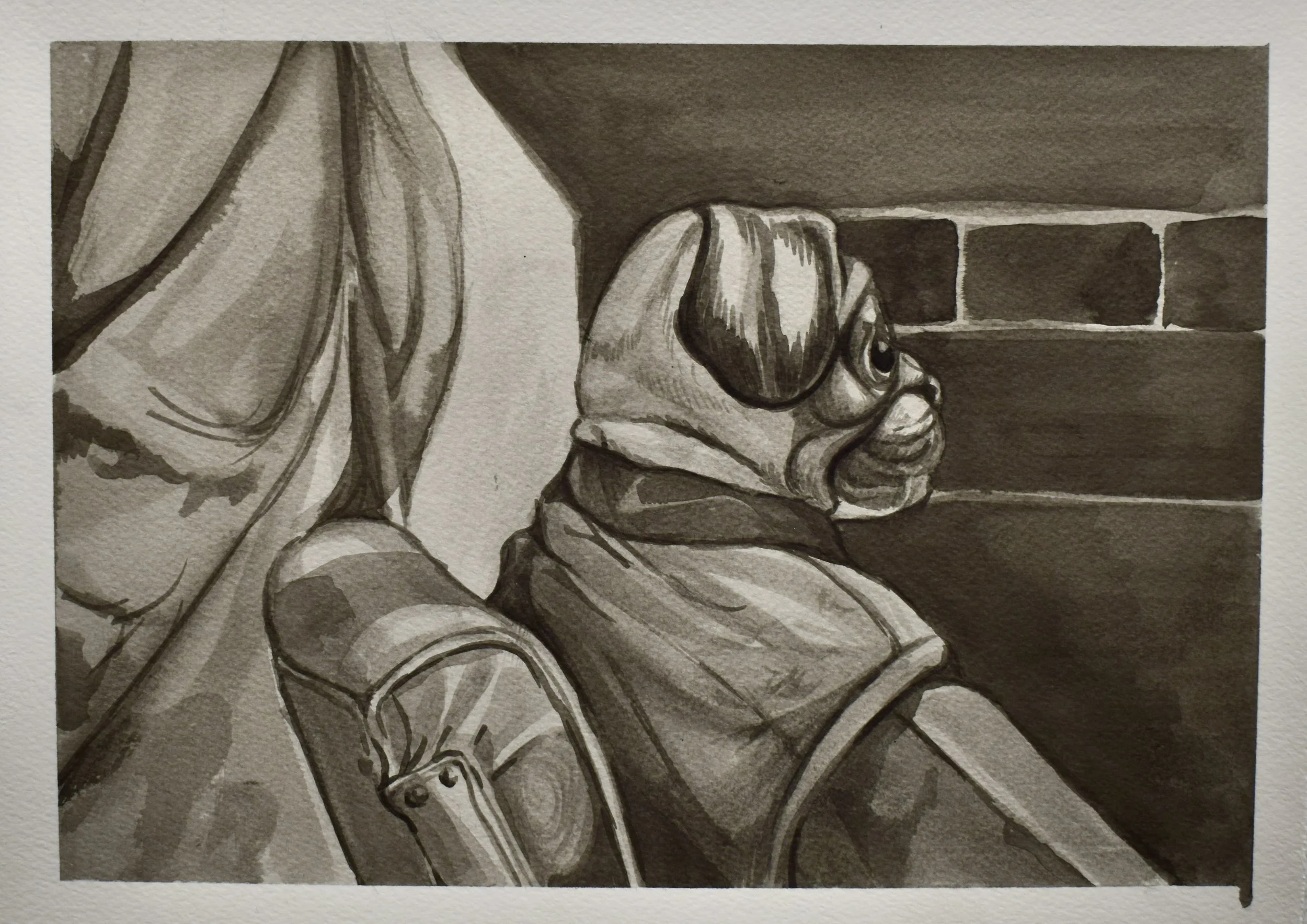 A monochrome painting of a dog wearing glasses sitting against a brick wall with draped fabric nearby.