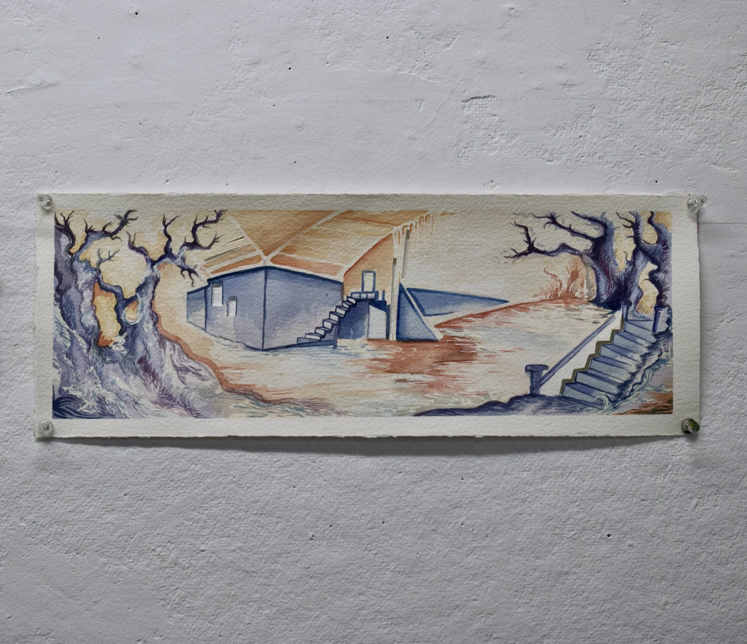 Watercolor painting of a landscape with two leafless trees, a small building with stairs, and a set of stairs on the right side, all on a sloped terrain.