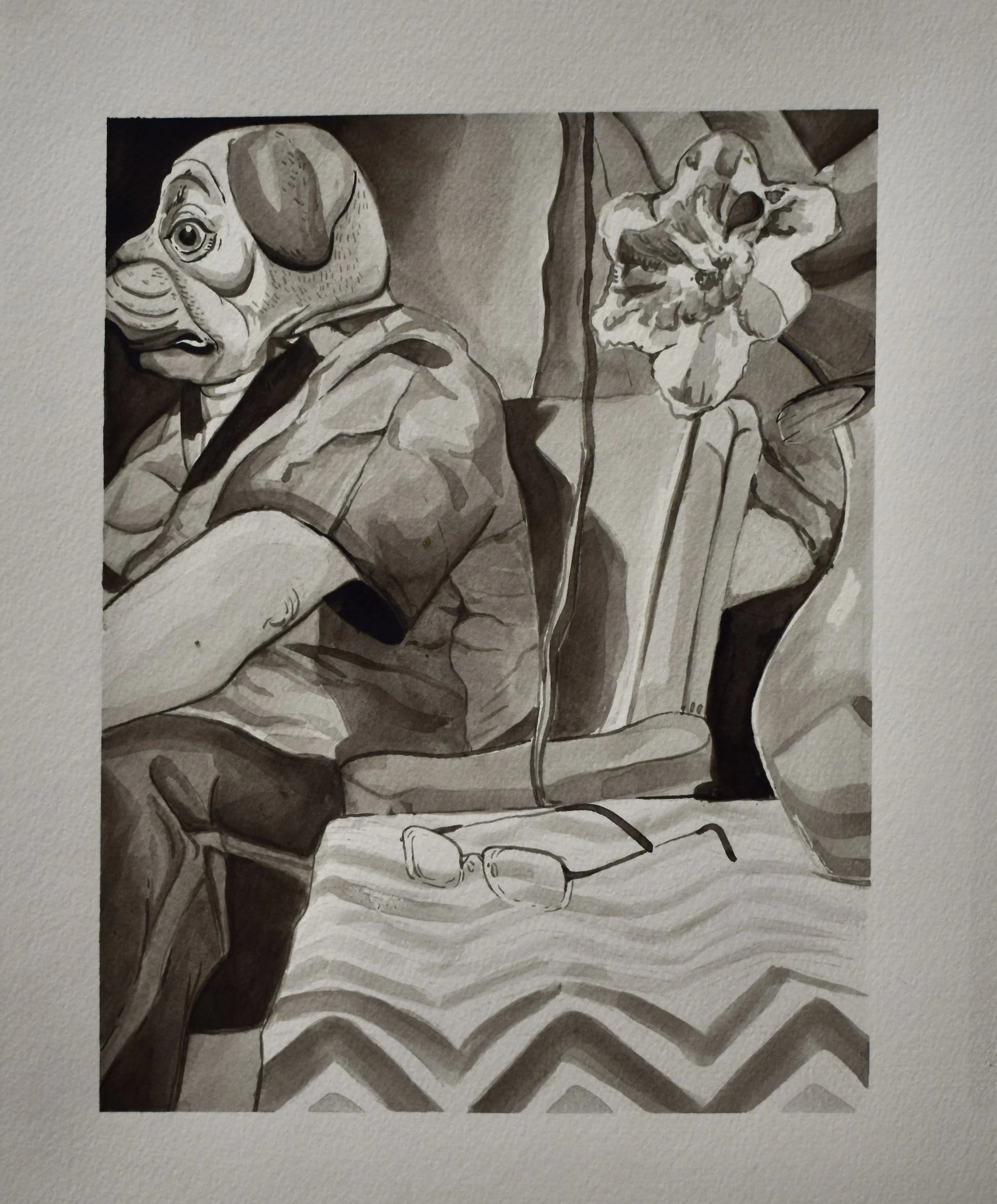 A grayscale illustration of a person sitting on a couch, wearing a dog mask and resting their arm on the armrest. Beside them on the couch is a pair of eyeglasses, and a pillow with a floral design is behind them.