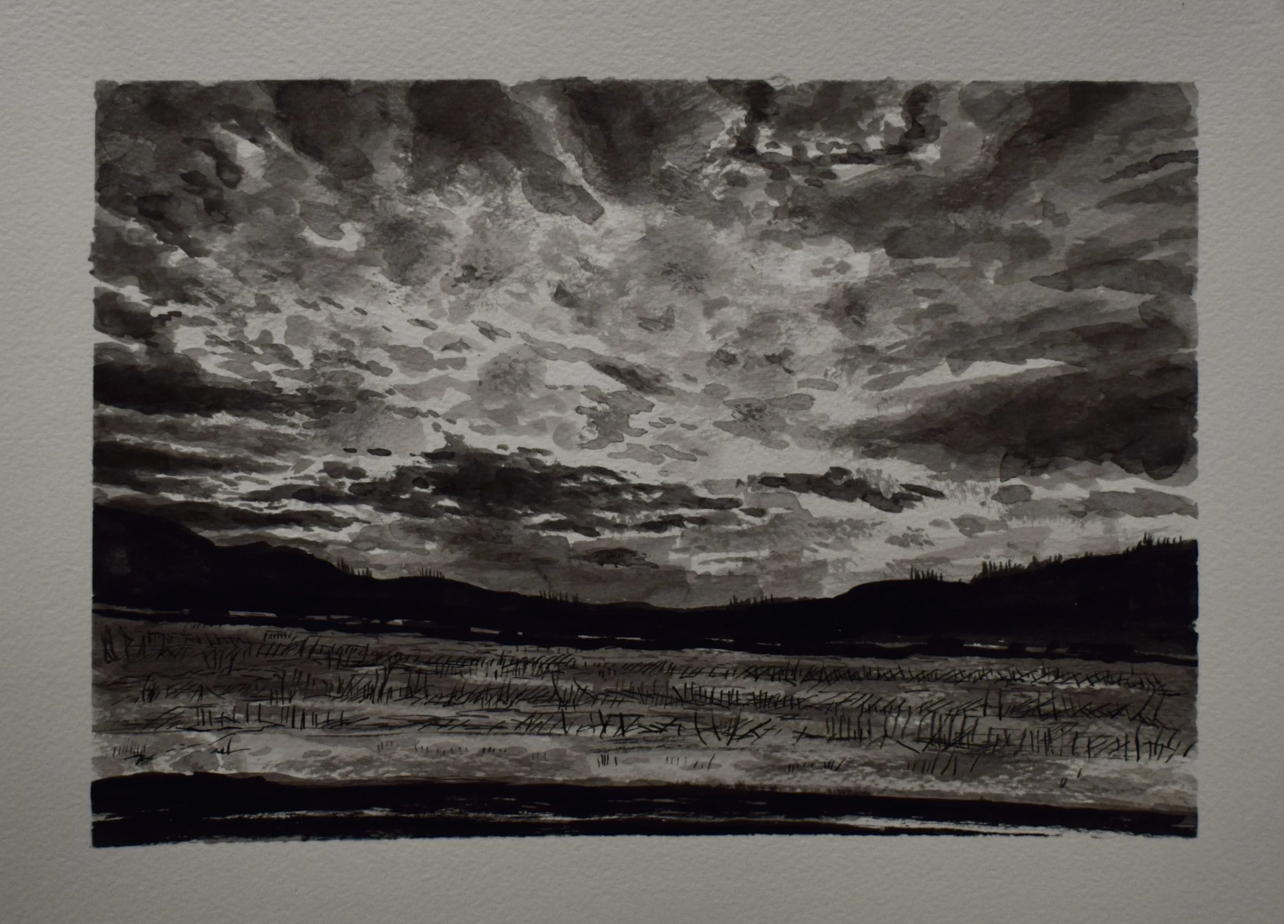 Black and white painting of a cloudy sky over a landscape with hills and a marshy field.