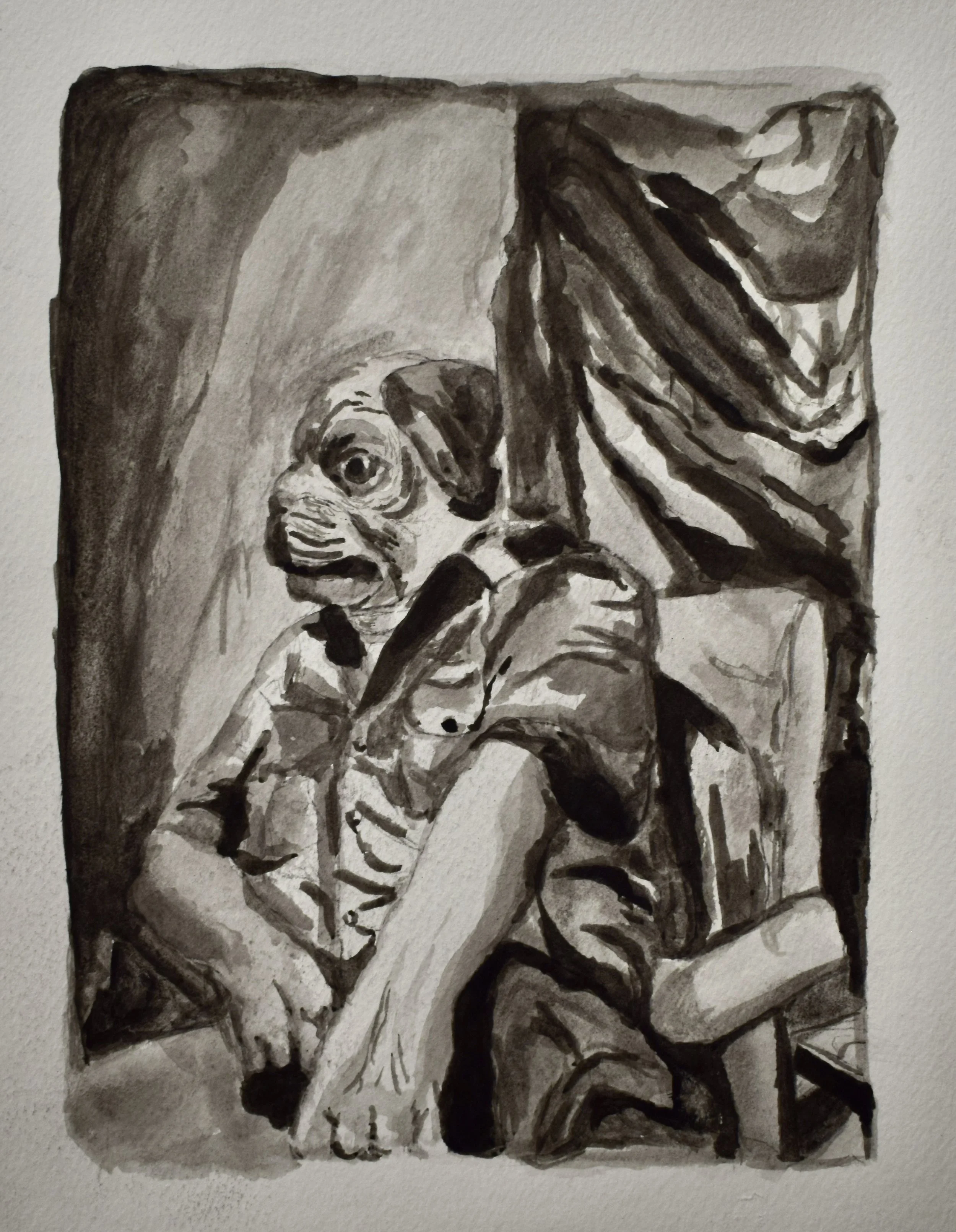 Black and white painting of a person with a painted face and head covering, sitting with one hand on their chin, in front of a canvas with a painted eye and fabric.