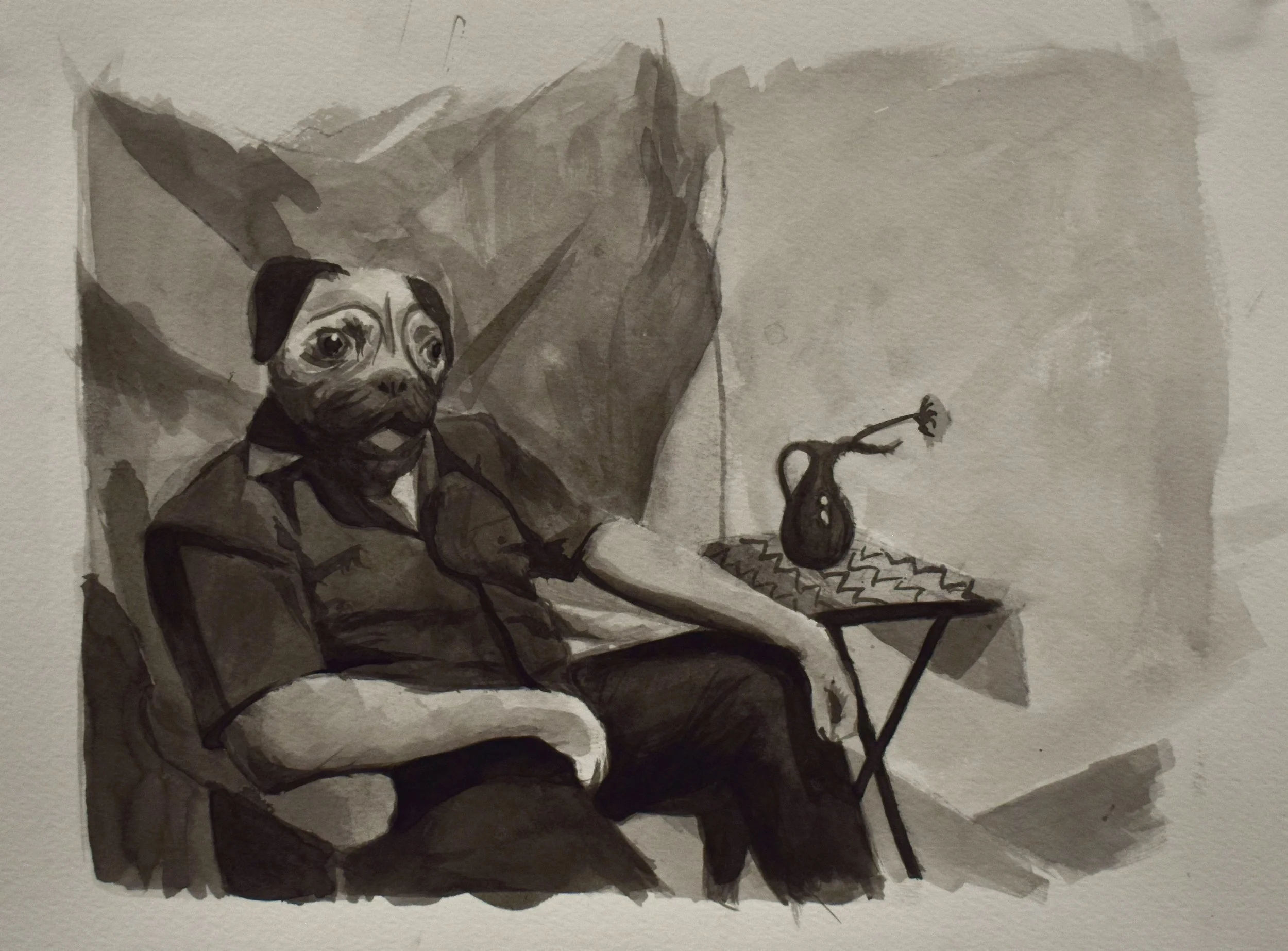 A watercolor painting of a man with a dog's face, sitting in a chair, wearing a shirt. A small table beside him holds a vase with a single flower. The background is simple and abstract.