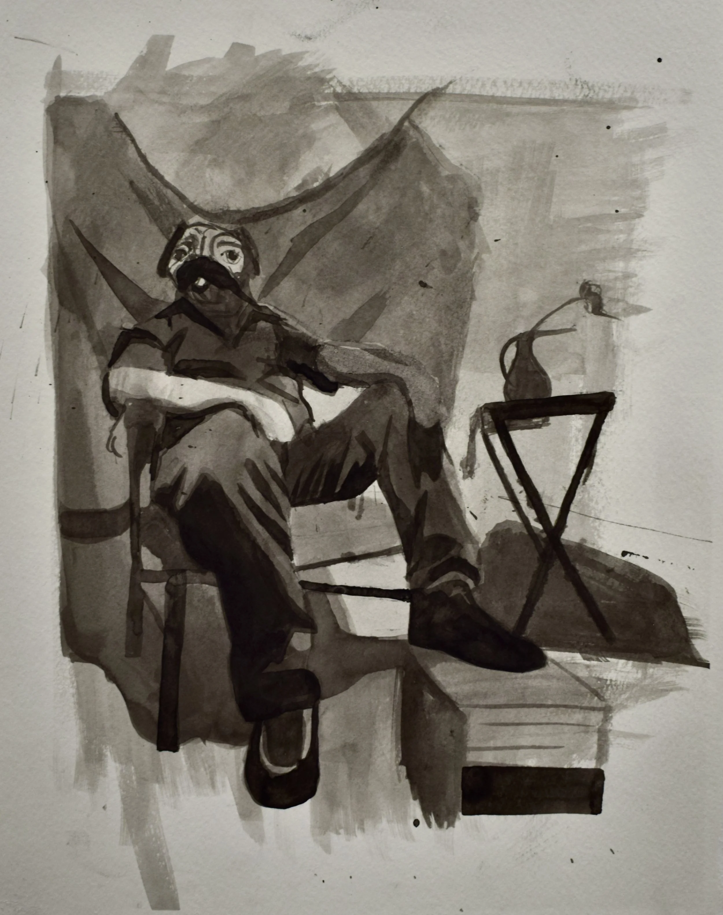 A black and white watercolor painting of a person sitting in a chair, wearing a mask and sunglasses, with a guitar resting on their lap. There is a small table nearby with a bottle and a glass on it.