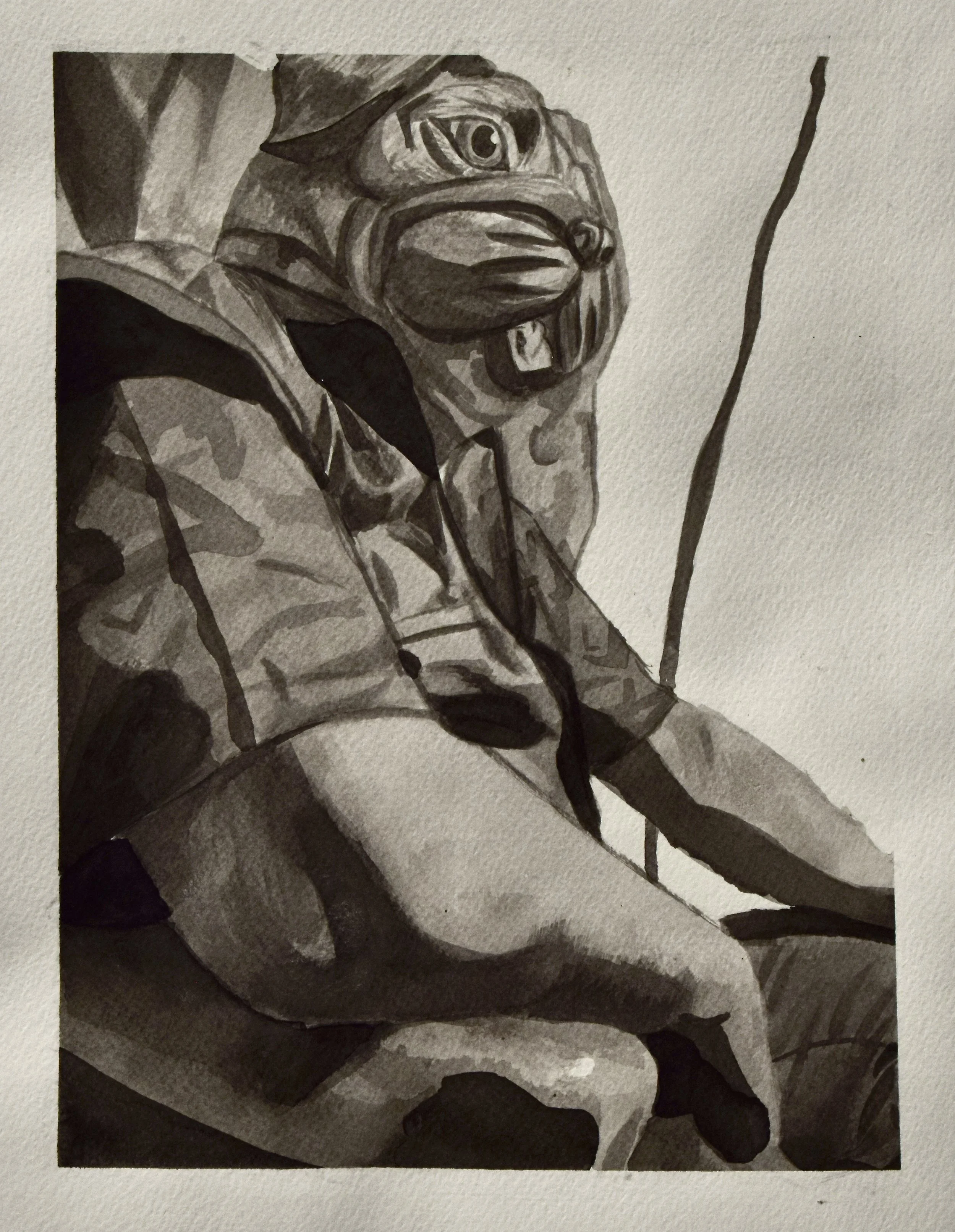 Black and white watercolor painting of an anthropomorphic animal riding a bicycle, wearing a jacket and holding a stick.