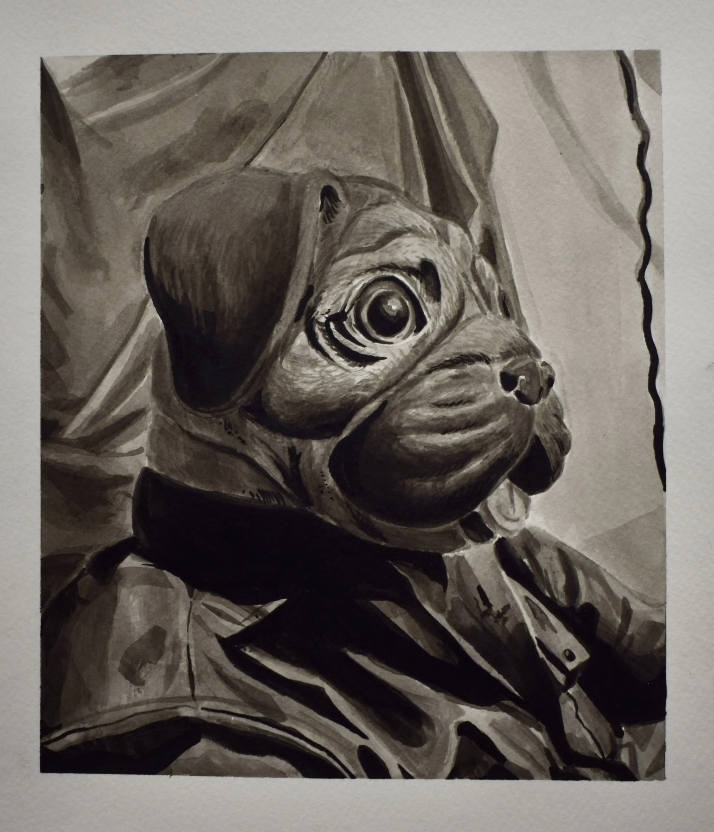 Black and white painting of a dog with a large eye, wearing a jacket, lying on a fabric surface.