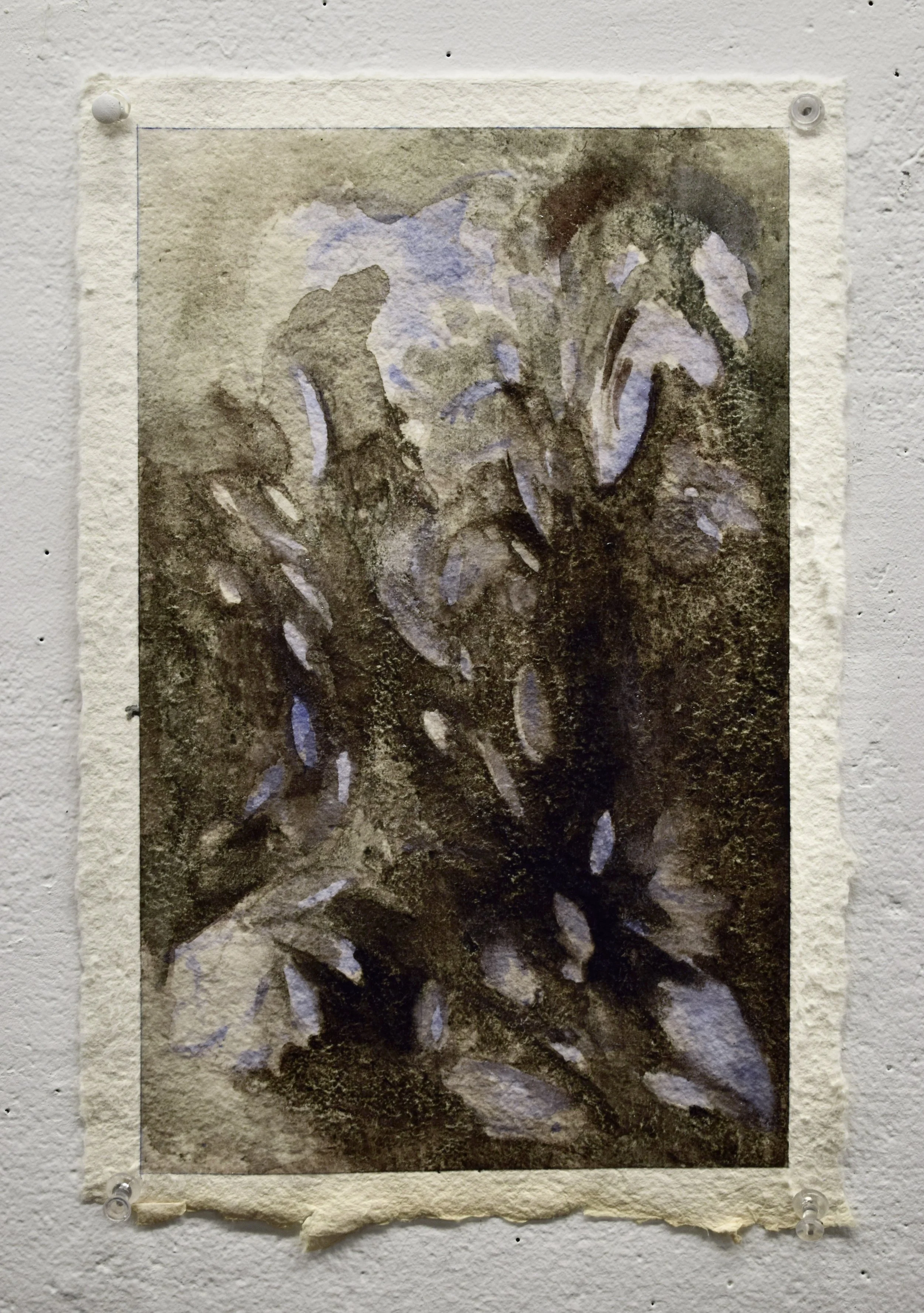 Abstract watercolor painting of a rooster on textured paper, with earthy brown and lavender tones, displayed on a white wall.
