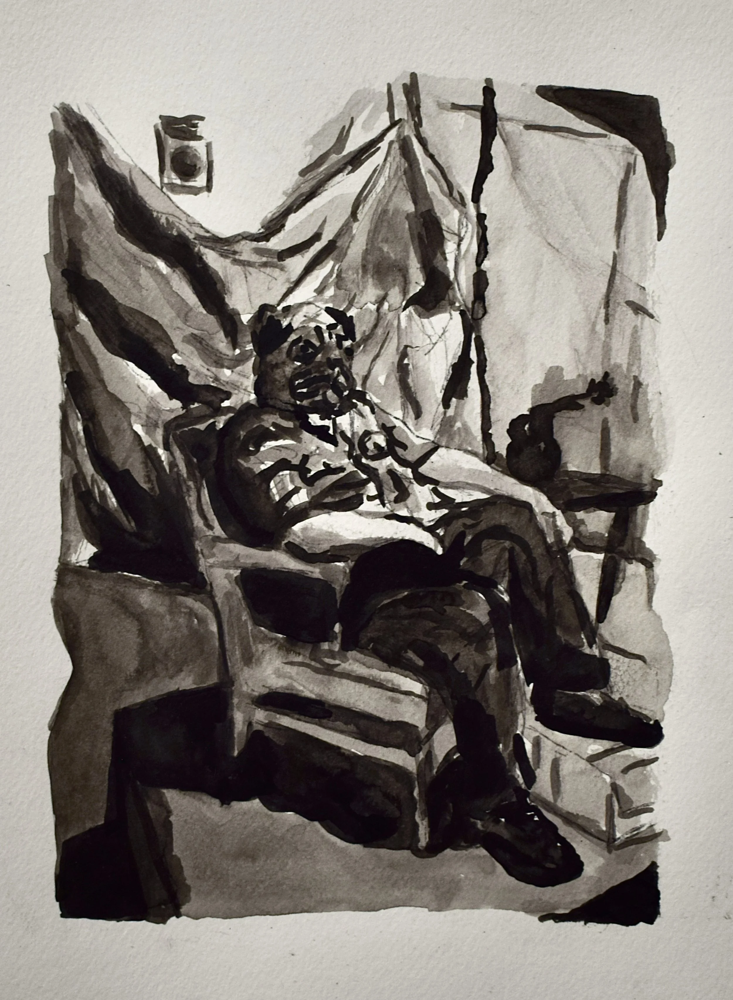 Black and white watercolor painting of a man sitting on a chair, leaning back, with his legs crossed and his hands resting on his lap, in a room with draped fabric and a small table.