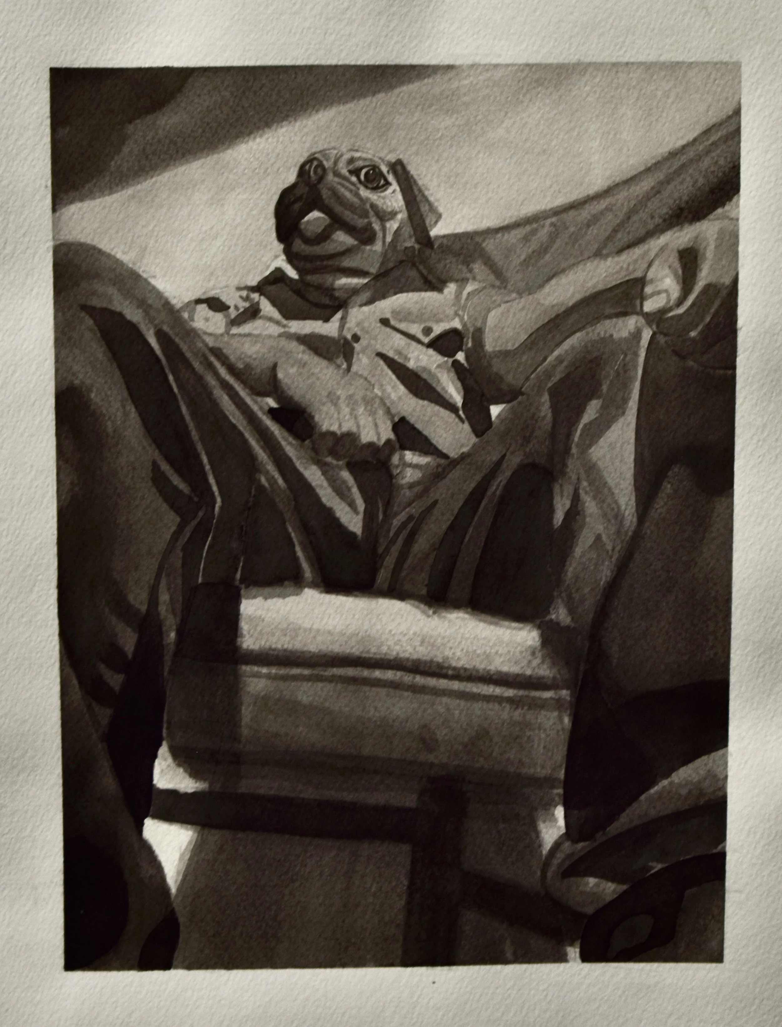 A dog dressed in a shirt, sitting comfortably with legs crossed, in a relaxed pose.