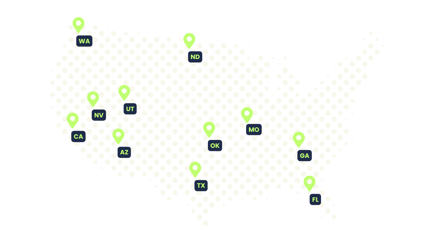 Stylized map of the United States with green markers indicating locations in WA, NV, UT, CA, AZ, ND, OK, TX, MO, GA, and FL.