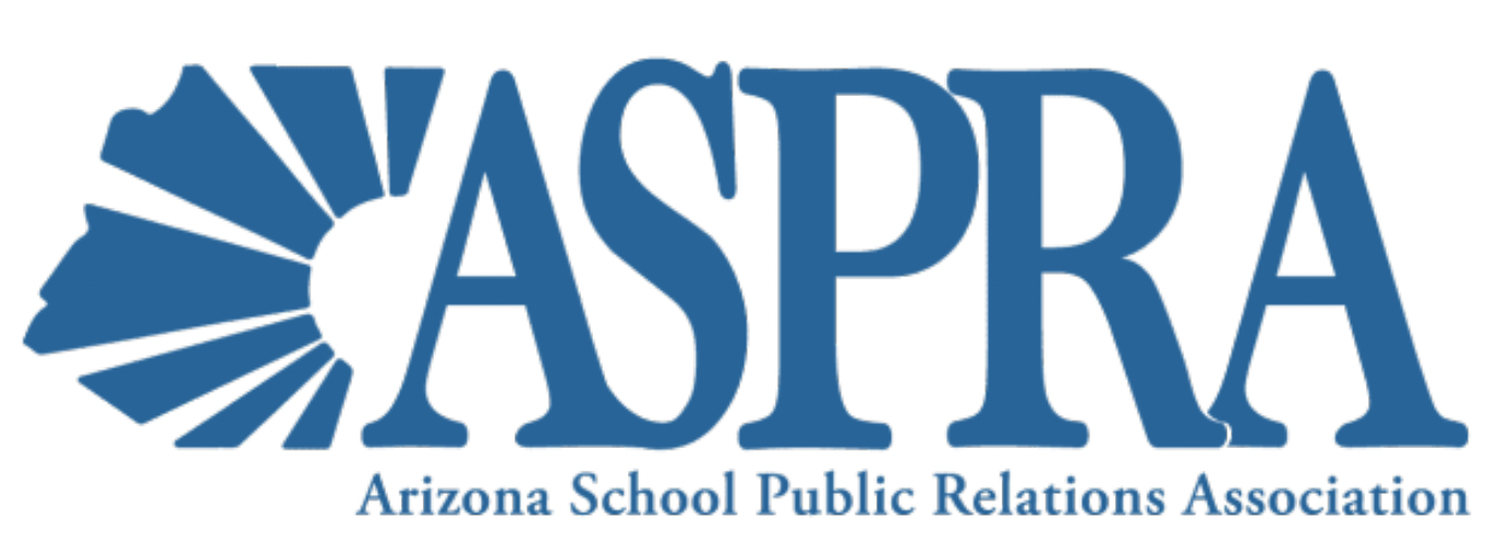 Logo of the Arizona School Public Relations Association (ASPRA) with blue text and a graphic of the Arizona state outline.
