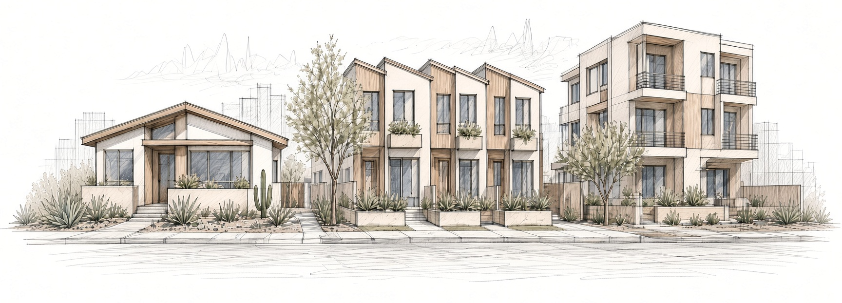 Sketches of Westside Development Group starter homes, townhomes, condos