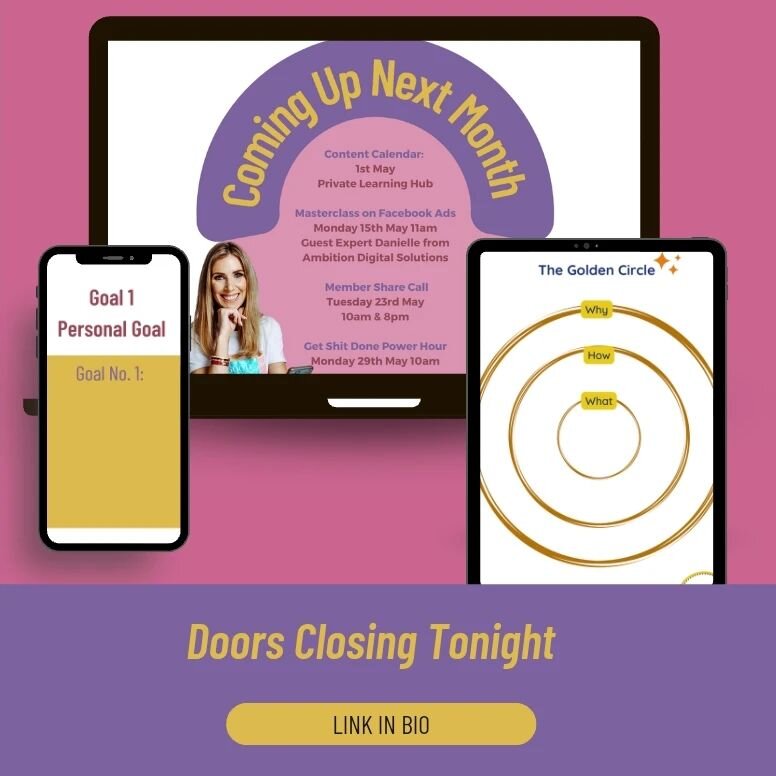 Doors are Closing Tonight

This is your opportunity to Join the MumBOSSes - Link is in the Bio

Access:
Monthly Expert Masterclass
Monthly Get Shit Done Power Hour
Monthly Connection Call
Monthly Content Calendar
All time access to learning hub fille