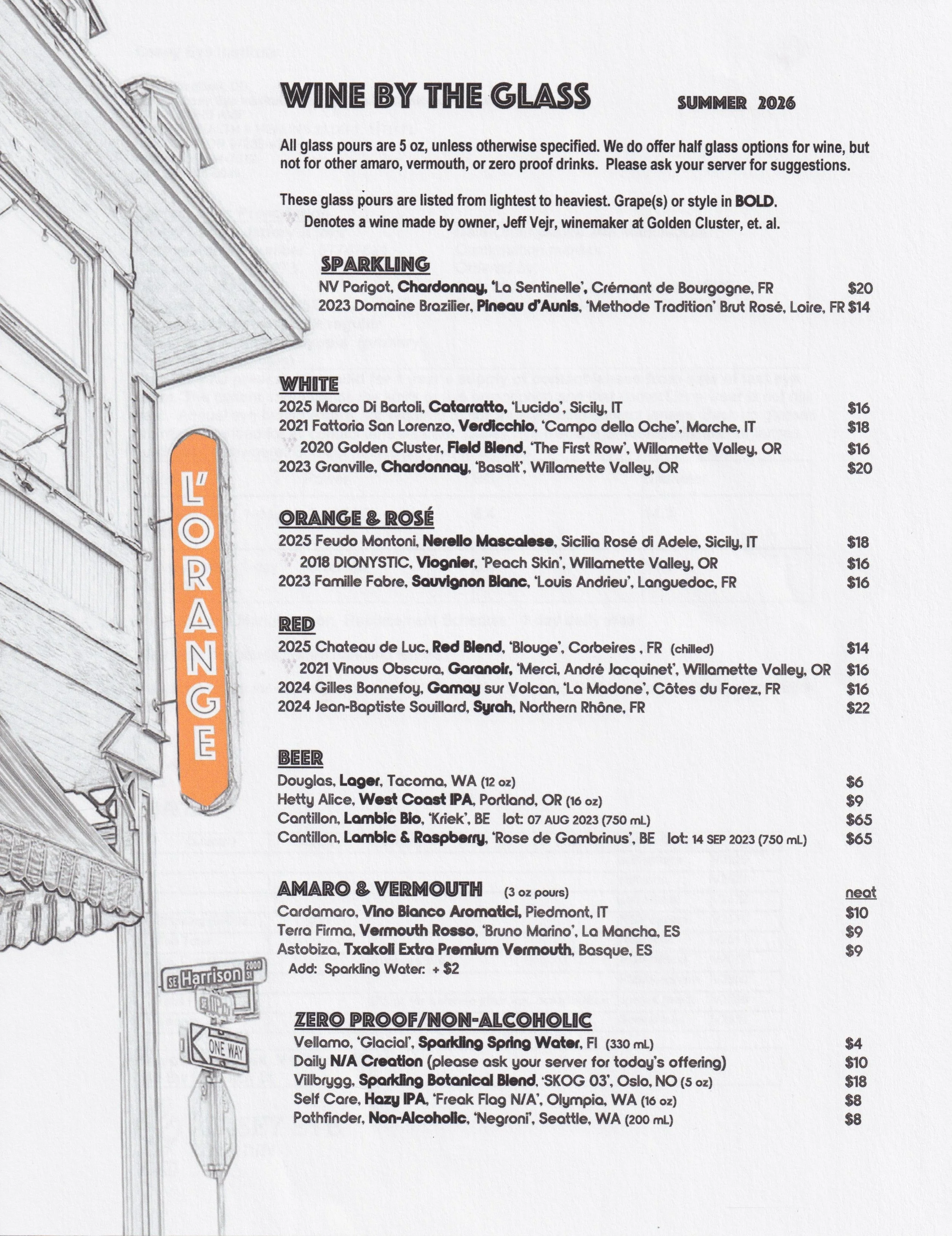 Menu page displaying wine options with categories for sparkling, white, orange & rosé, red, and beer, along with descriptions and prices. There is an illustration of a building corner with a neon sign that says 'LORANG'.