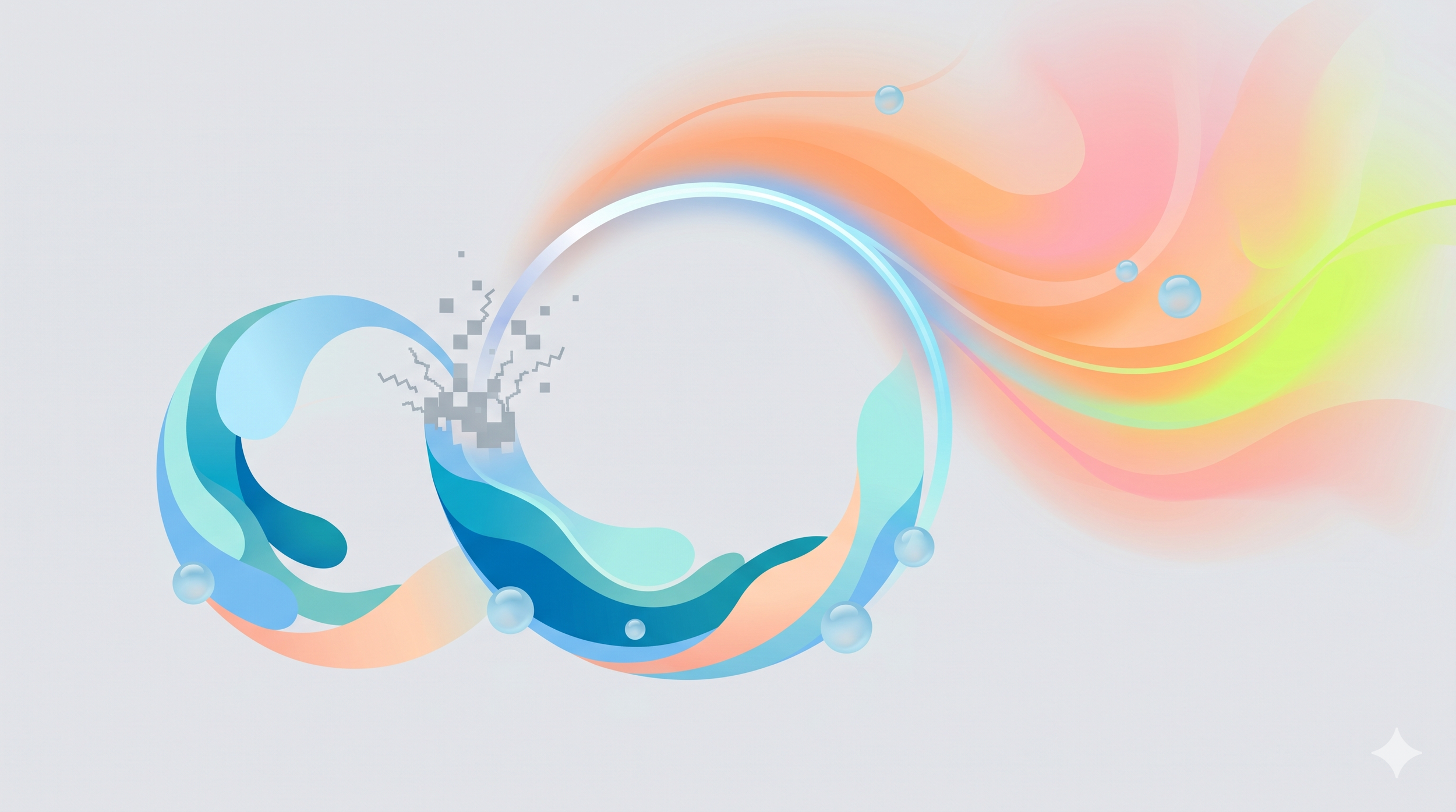 Abstract digital artwork with colorful swirling lines, bubbles, pixels, and light effects.