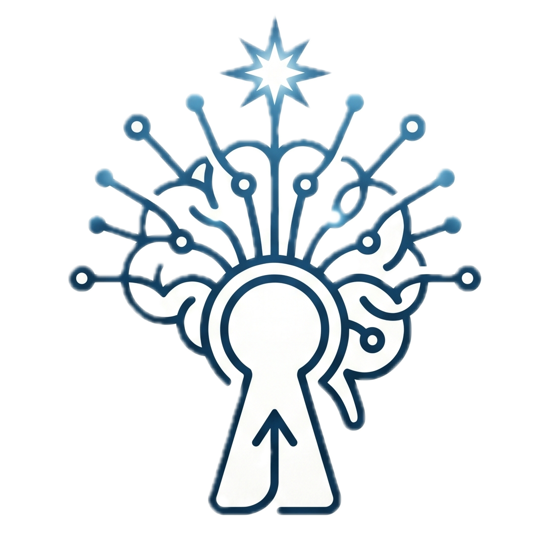 A stylized Christmas tree with interconnected lines and circles, topped with a star.