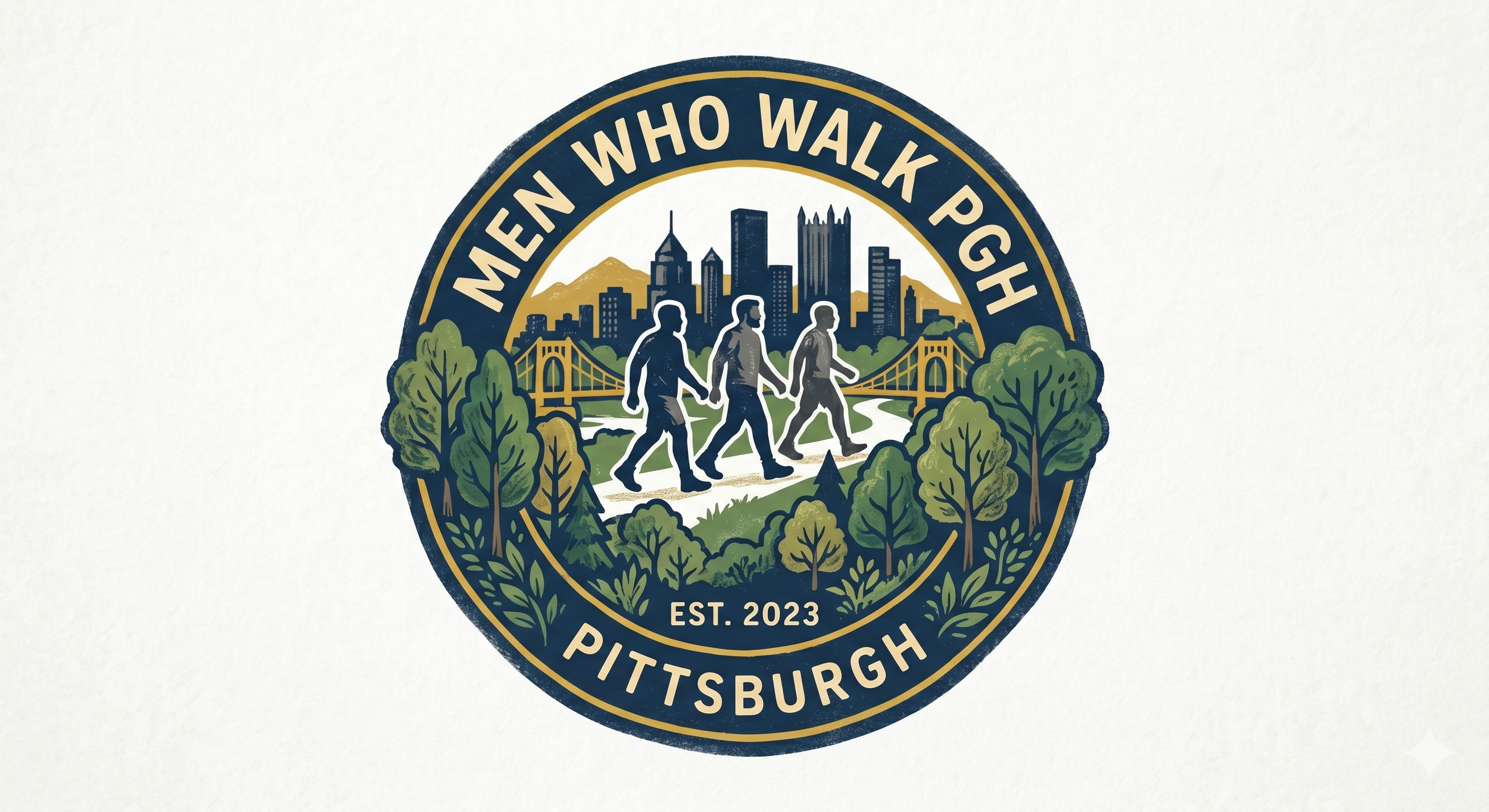 A circular emblem with the text 'Men Who Walk Pgh' and 'Pittsburgh' at the top and bottom, respectively. The emblem features a city skyline of Pittsburgh with skyscrapers, mountains in the background, a bridge, trees, and three men walking together. The establishment year 'EST. 2023' is at the bottom inside the circle.