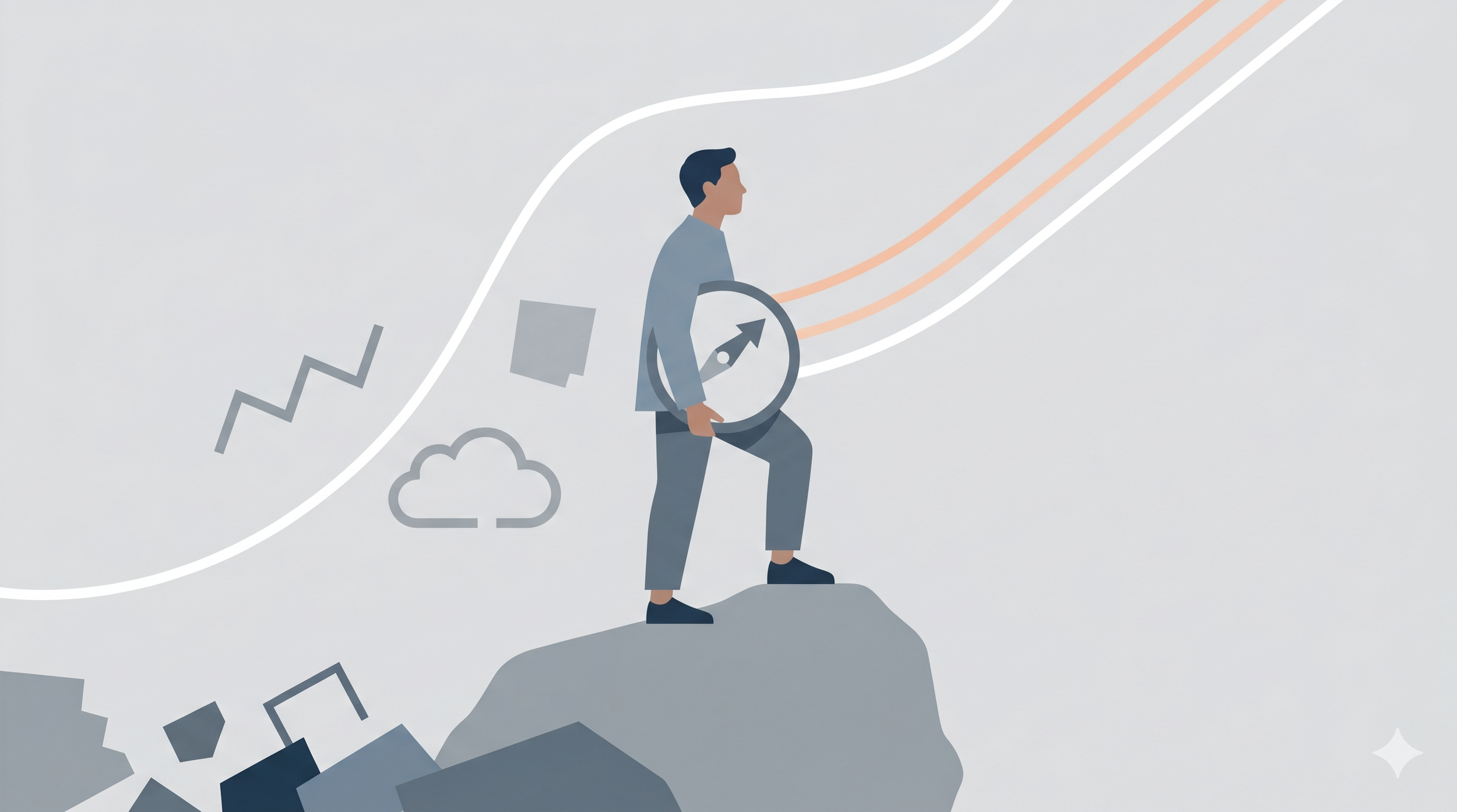 A digital illustration of a man in a suit climbing a mountain with a compass in his hand, surrounded by abstract charts, icons, and graphs indicating progress and growth.