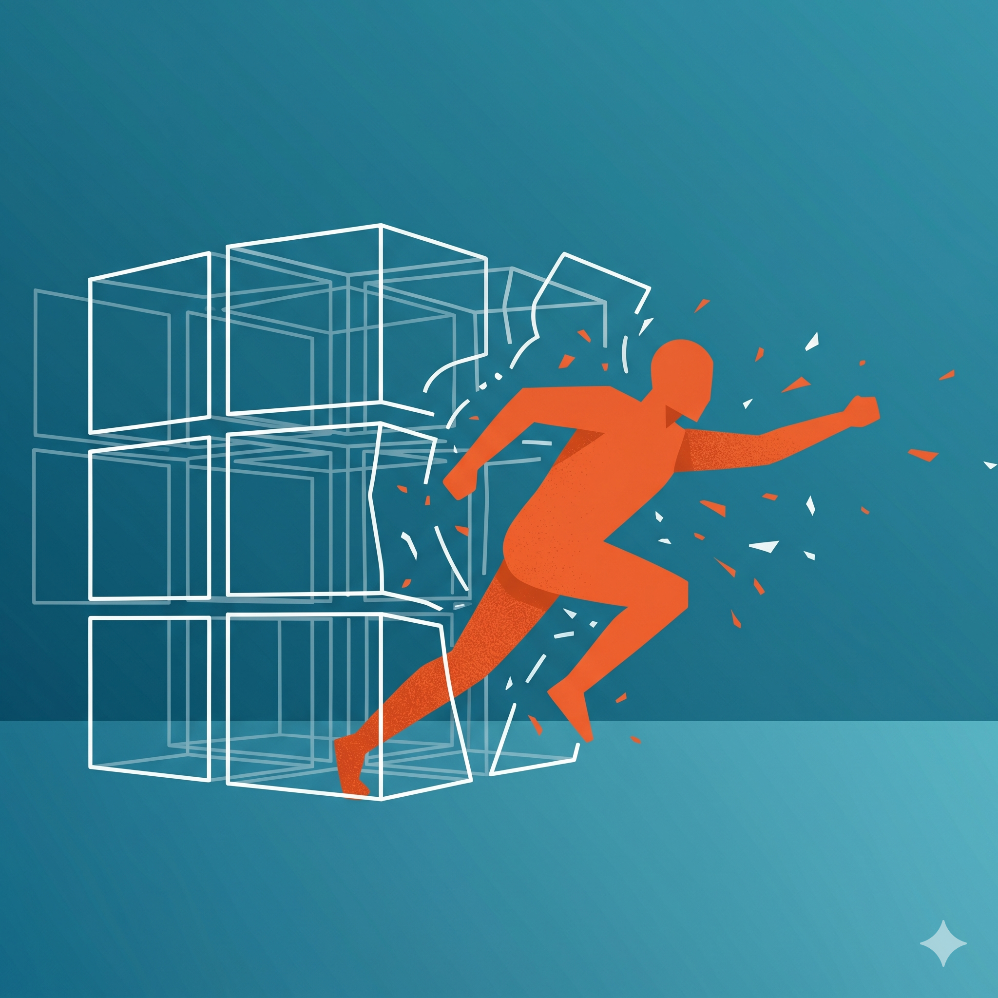 Illustration of a human figure in orange running forward with speed lines, positioned next to a white outline of a 3D cube structure, on a blue-green background.