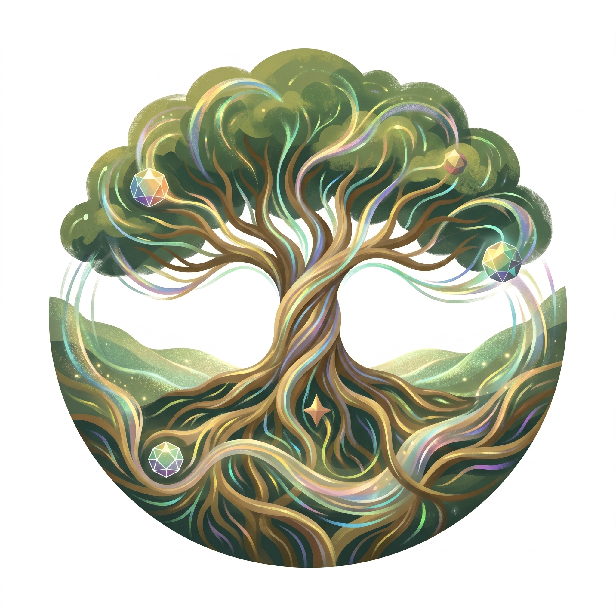 A digital illustration of a tree with glowing multicolored branches and two geometric glowing orbs among the leaves.