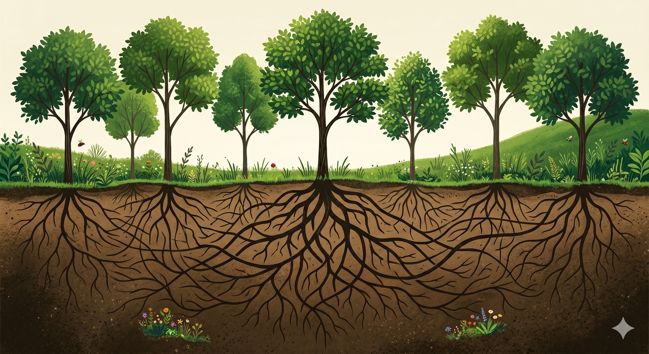 Illustration of trees with extensive root systems underground and flowers and grass on a grassy hill above ground.