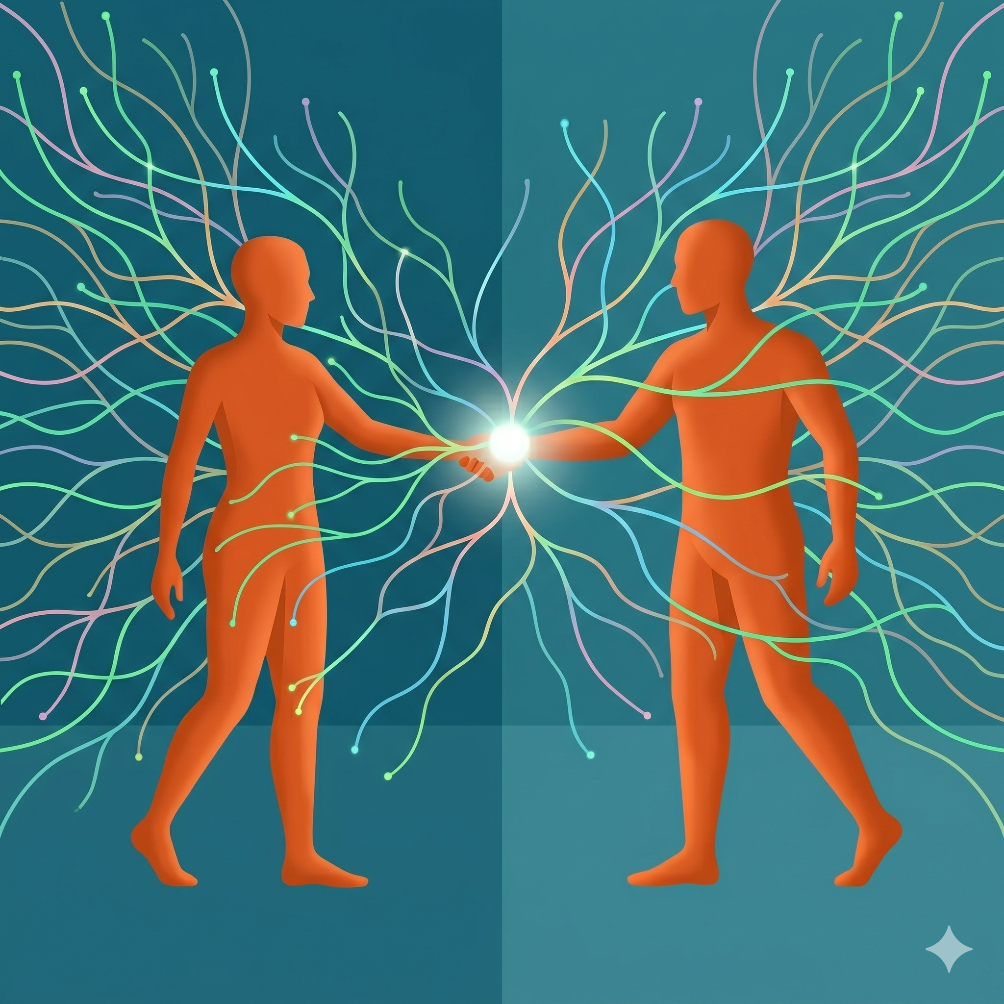 Two orange human-like figures facing each other, shaking hands, with colorful neural pathways connecting their heads and bodies, symbolizing connection or communication.