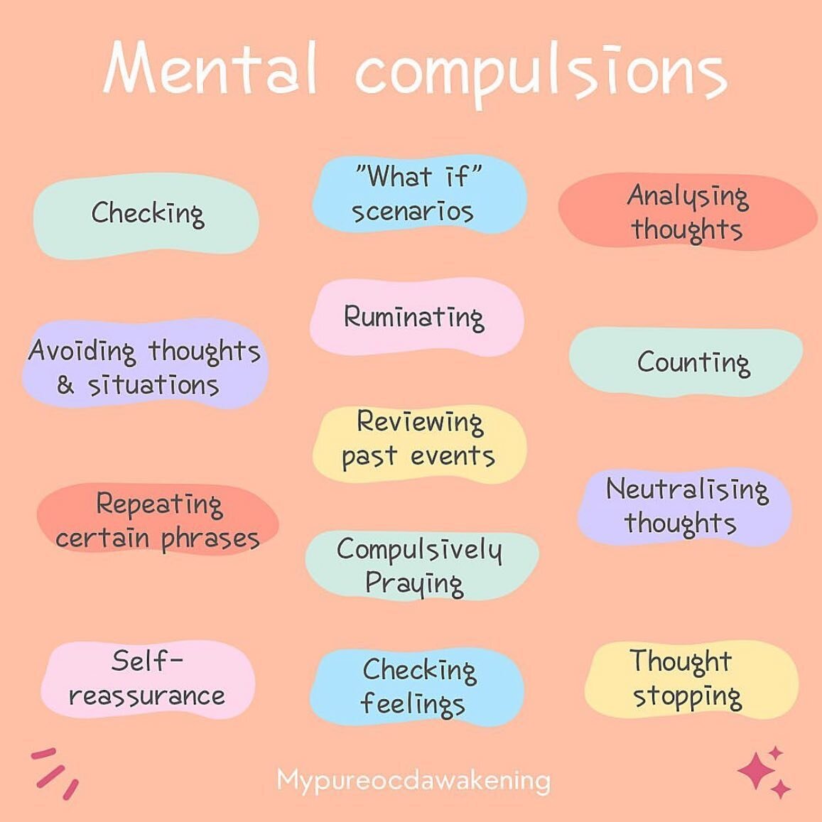 One of the more difficult symptoms of OCD that some patients deal with is the presence of mental compulsions.
Compulsions are anything a person does in an attempt to  get rid of the anxiety/dread/yucky feelings associated with an obsession. There are