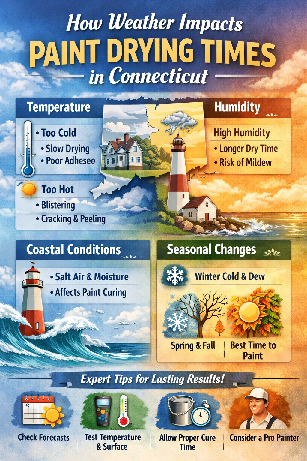 Infographic explaining how Connecticut weather—temperature, humidity, coastal salt air, and seasonal changes—impacts paint drying and curing times.