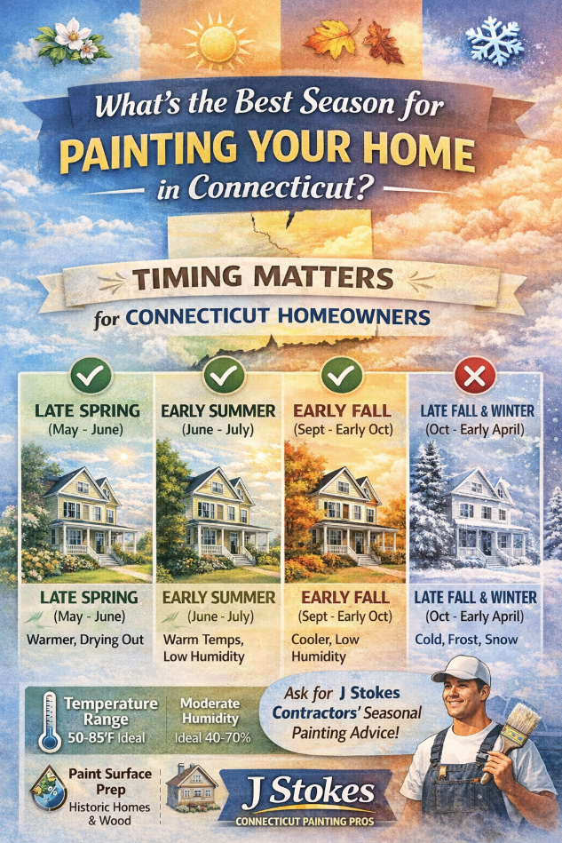 Infographic showing the best seasons for painting your home in Connecticut, highlighting late spring, early summer, and early fall as ideal, and late fall and winter as poor conditions.