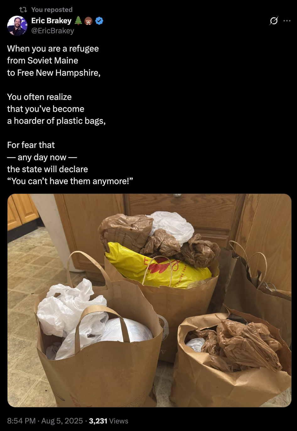 Plastic Bag Tyranny! Eric Brakey laments that the plastic bag ban he lived under in Maine has conditioned him to become a hoarder of them — even after moving to the Free State of New Hampshire.