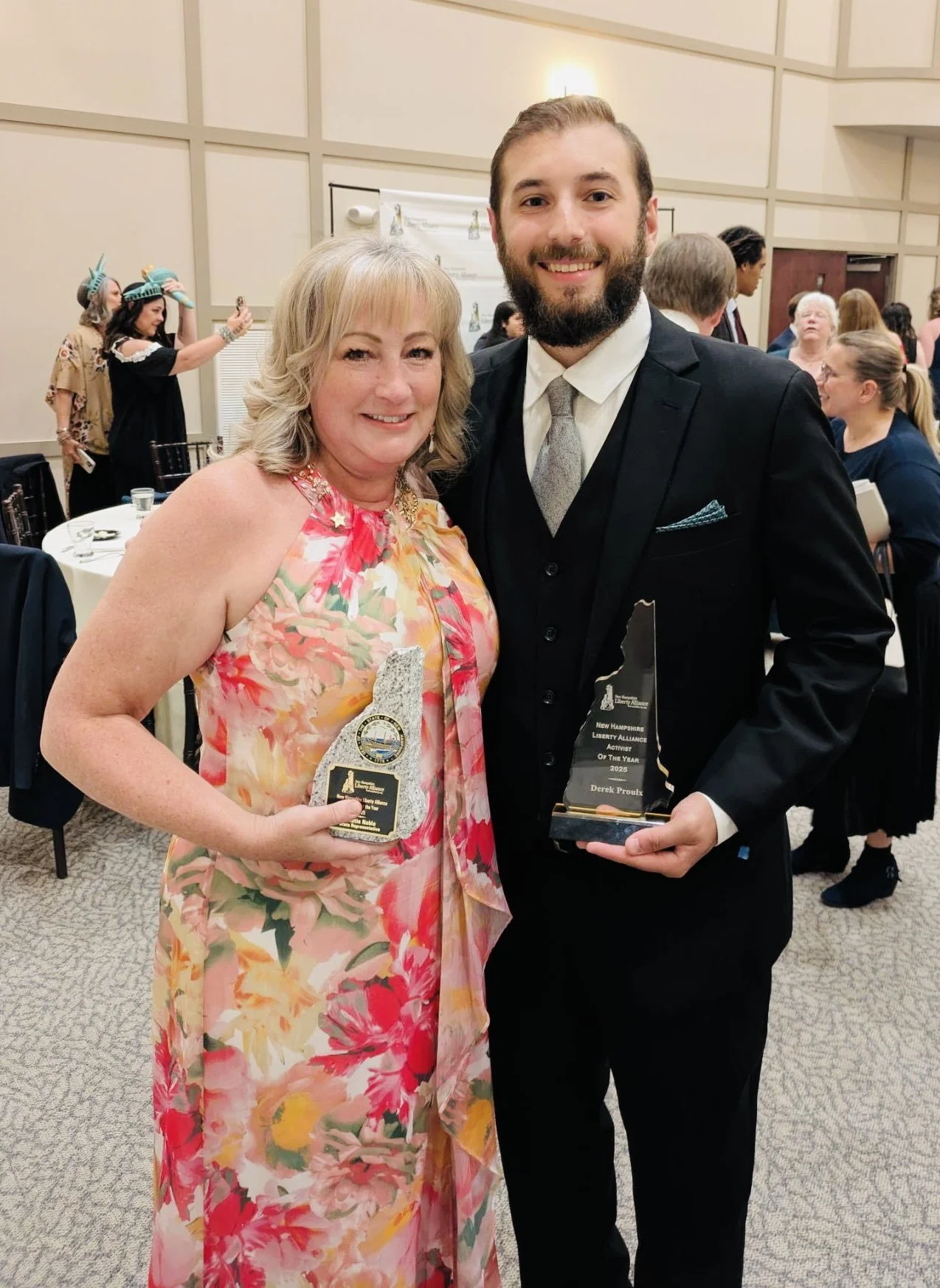 NHLA Liberty Dinner. Last weekend, at their annual Liberty Dinner, the New Hampshire Liberty Alliance recognized Rep. Kristin Noble and Derek Proulx at their 2025 Legislator and Activist of the Year. Their efforts above and beyond to advance liberty in the NH Legislature, particularly in the areas of parental rights and Defend the Guard (respectively), were cited for their selection.
