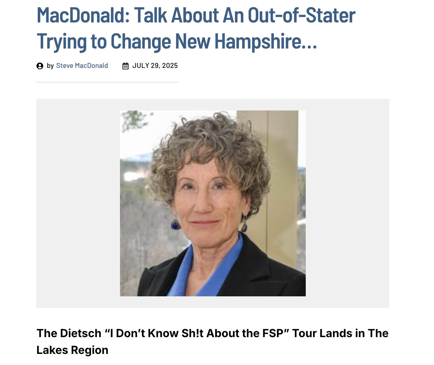 Free State hater and unelected one-term state senator, Jeanne Dietsch, continues her (comically bad) disinformation tour across New Hampshire. In a recent piece at Granite Grok, Steve MacDonald reminds everyone that she is the real