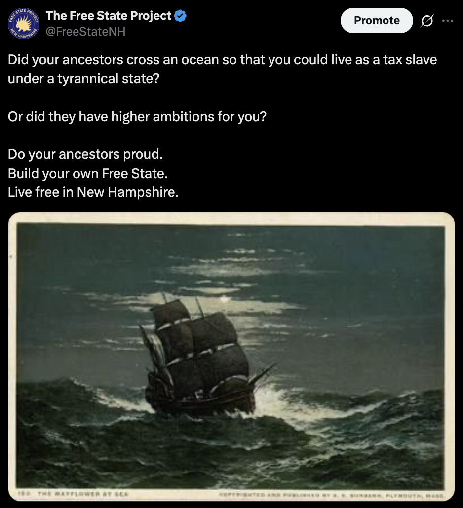 Were you meant to be a tax slave? Your ancestors crossed an ocean on the dream of something better for you. Join the Free State Project to fulfill that dream and live free. Click here to read the post.