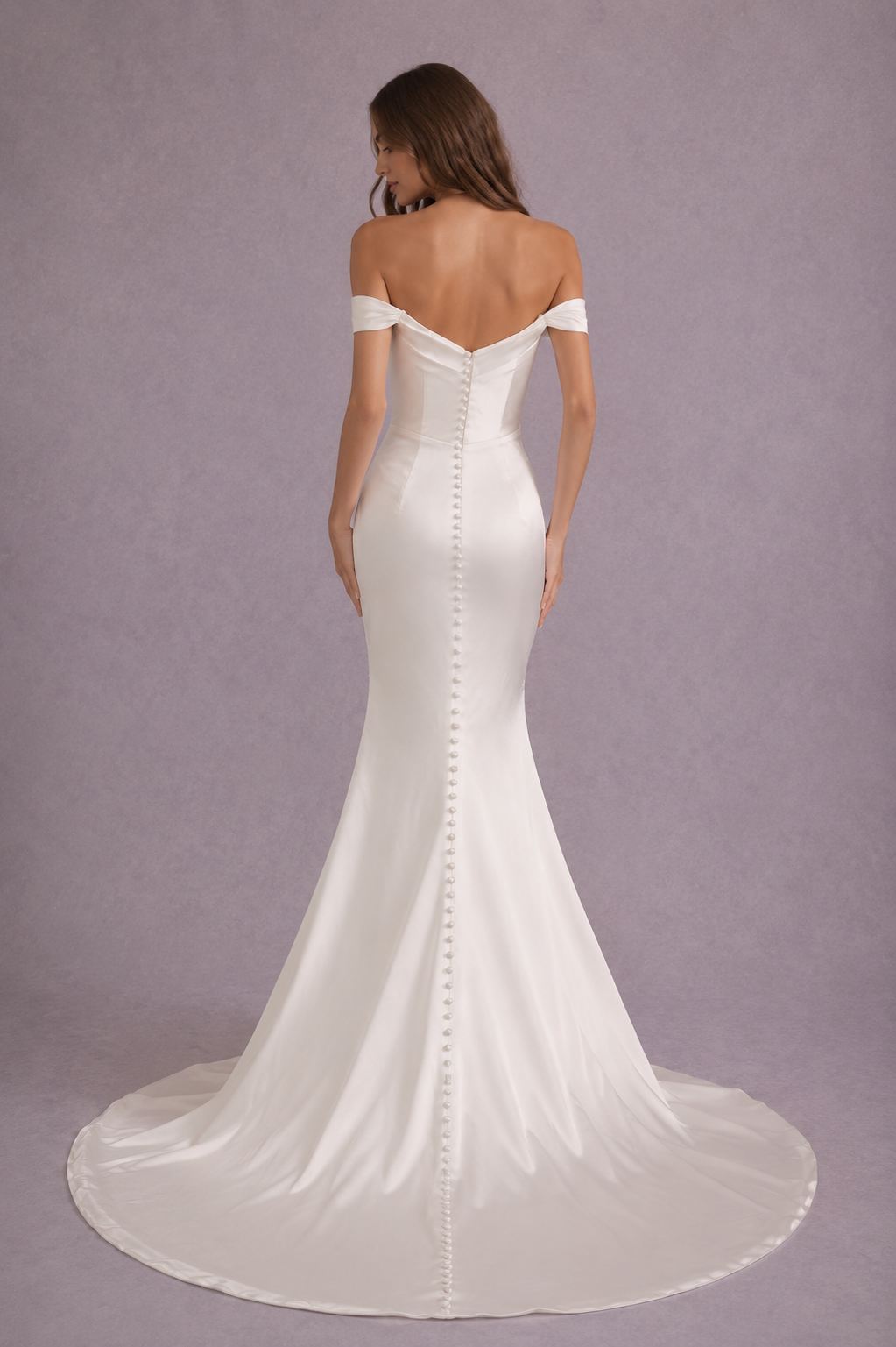 Satin mermaid wedding dress with draped off-shoulder neckline, fitted silhouette and high leg slit.