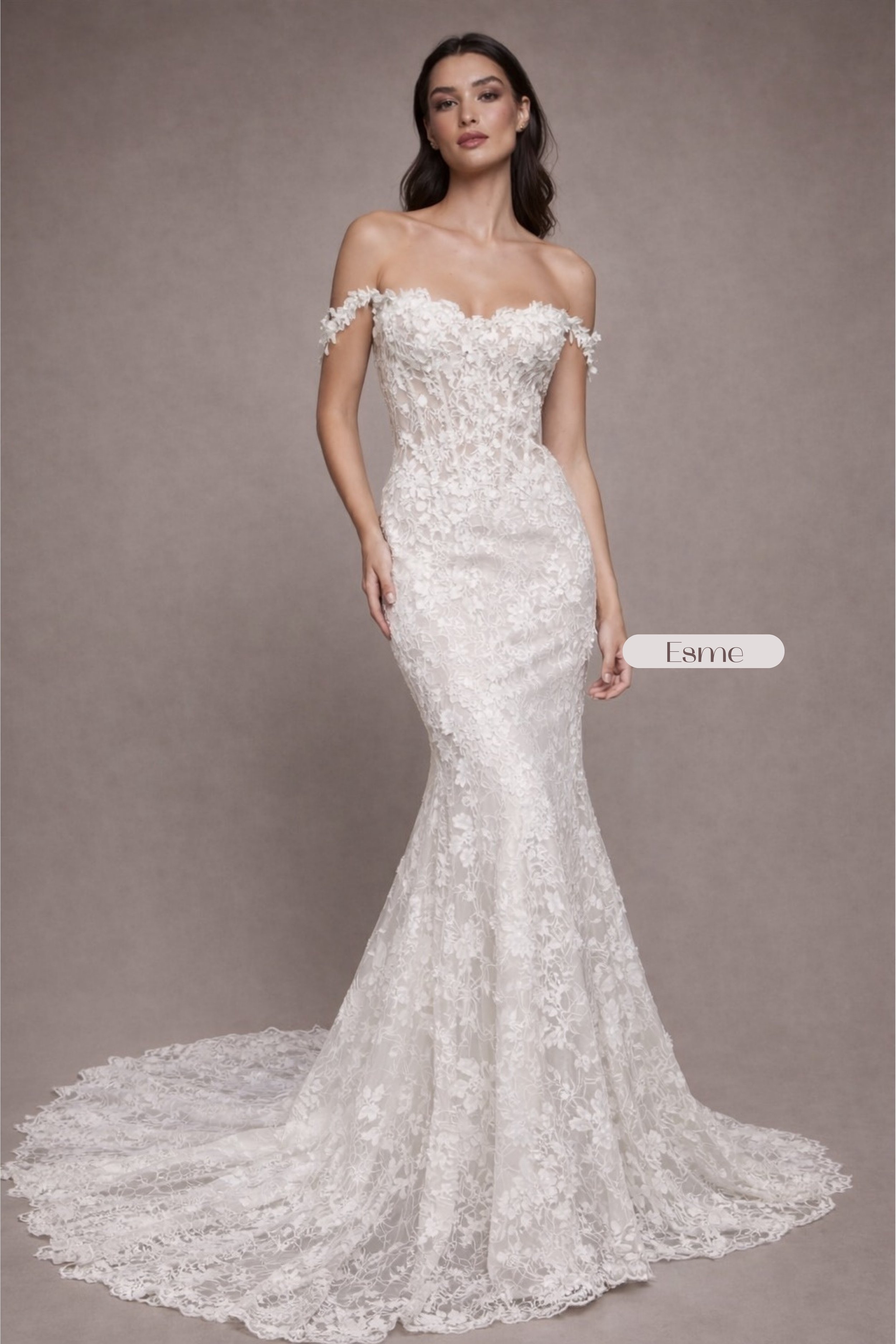 Off shoulder lace mermaid wedding dress with floral corset bodice and lace up back train